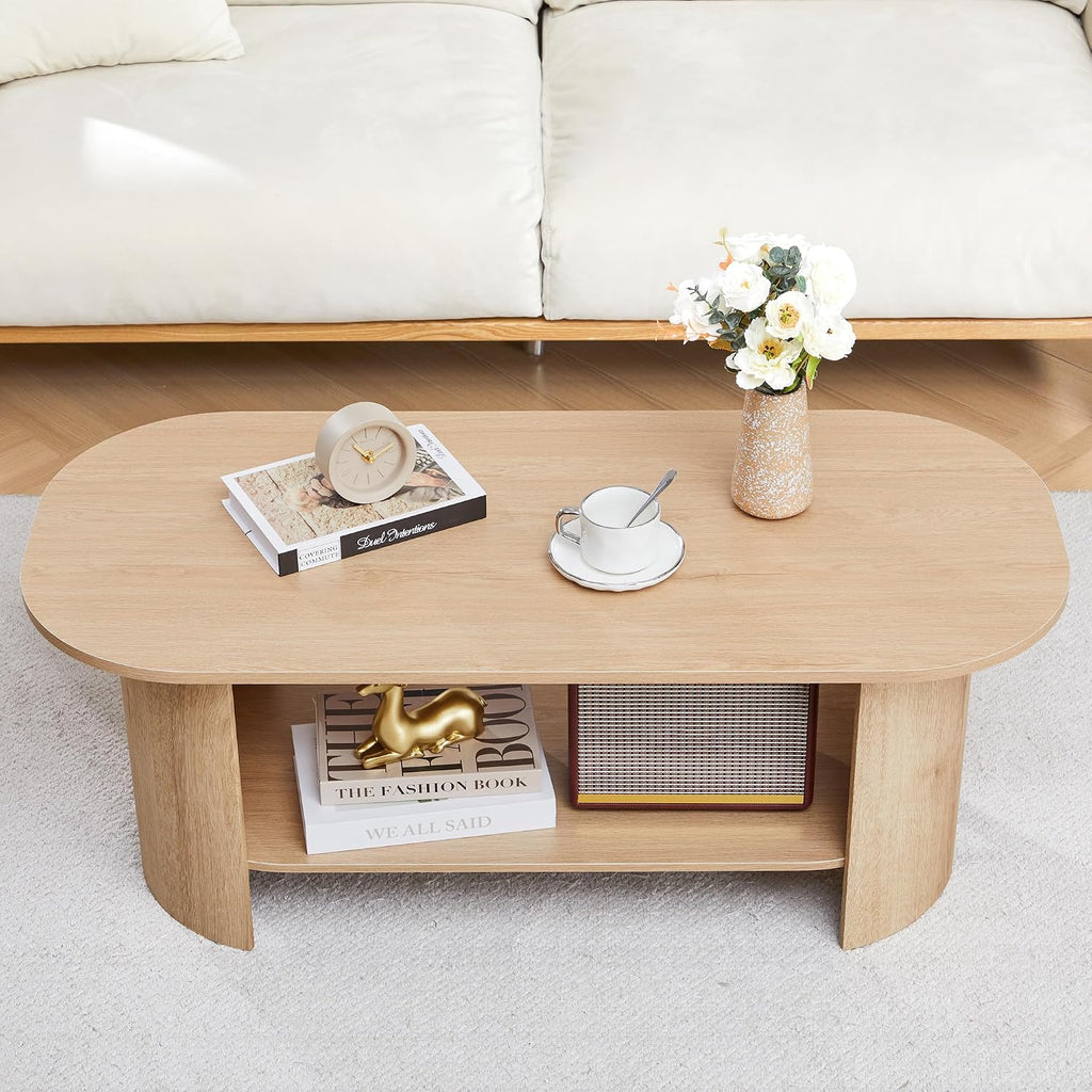 Oval Coffee Table for Living Room, 43.3' Farmhouse Coffee Tables with Storage, 2-Tier Wood Center Table with Storage Shelf Low Tea Table for Small Space, Home, Office, Easy Assembly (Natural)