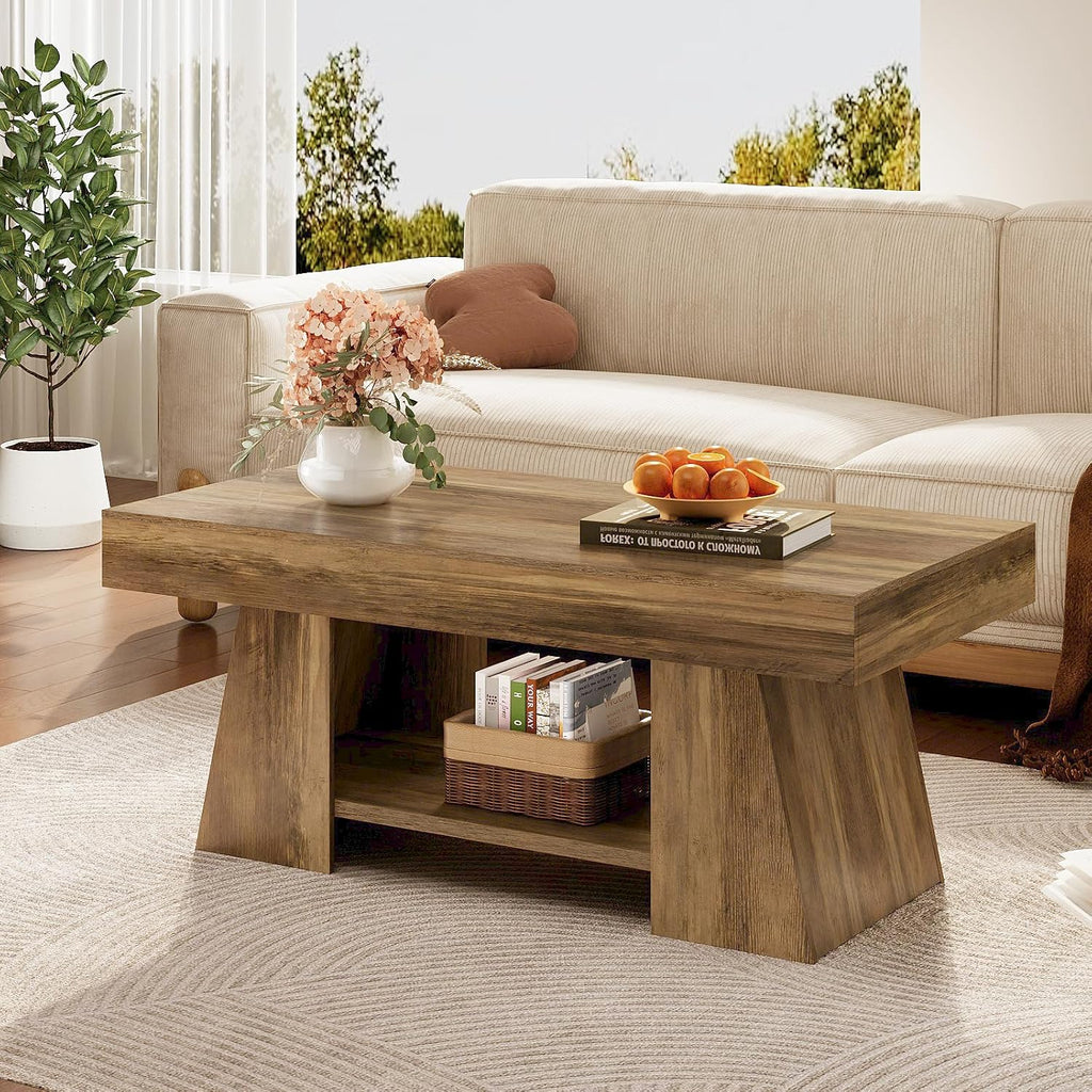 Tohomeor Coffee Table, 47.24' Farmhouse Wooden Rectangular Accent Center Tables with Storage Shelf Thick Base for Living Room, Home Office, Retro Brown