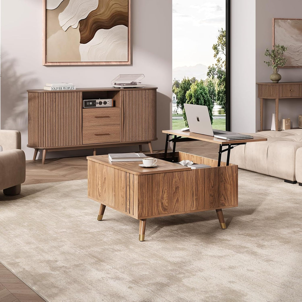 Square Coffee Table with Lift-Top & Flip-Top Storage, 36' Functional Modern Accent Center Table with Solid Wood Legs, Rustic Walnut Coffee Tables for Living Room Small Space or Office