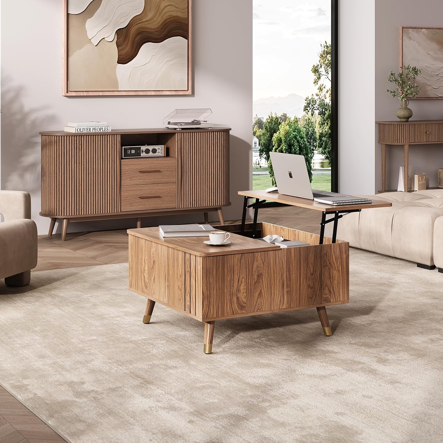 Square Coffee Table with Lift-Top & Flip-Top Storage, 36' Functional Modern Accent Center Table with Solid Wood Legs, Rustic Walnut Coffee Tables for Living Room Small Space or Office
