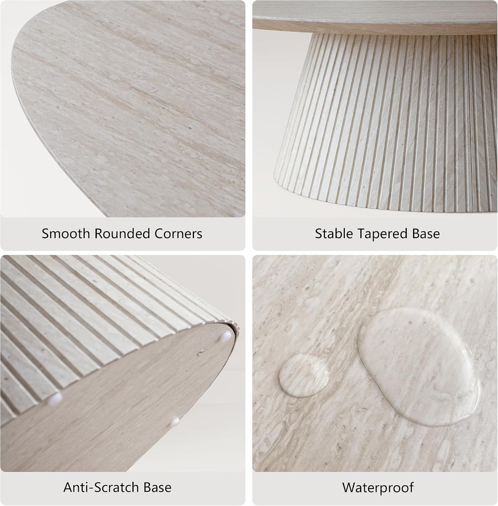 win2win Oval Coffee Table, Modern Faux Stone Coffee Table with Fluted Design, Travertine Center Table with Tapered Base, Minimalist Tea Table for Living Room, Bedroom, Office, Stone