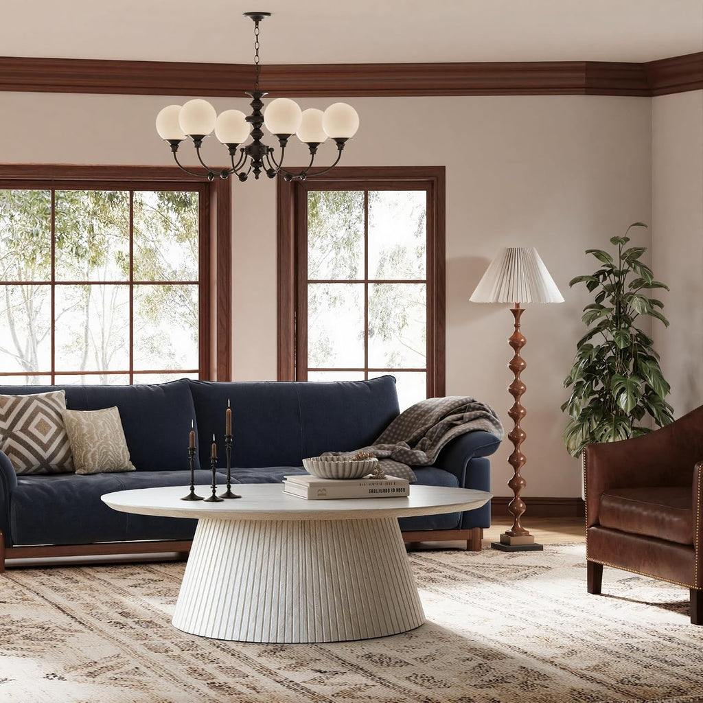 win2win Oval Coffee Table, Modern Faux Stone Coffee Table with Fluted Design, Travertine Center Table with Tapered Base, Minimalist Tea Table for Living Room, Bedroom, Office, Stone