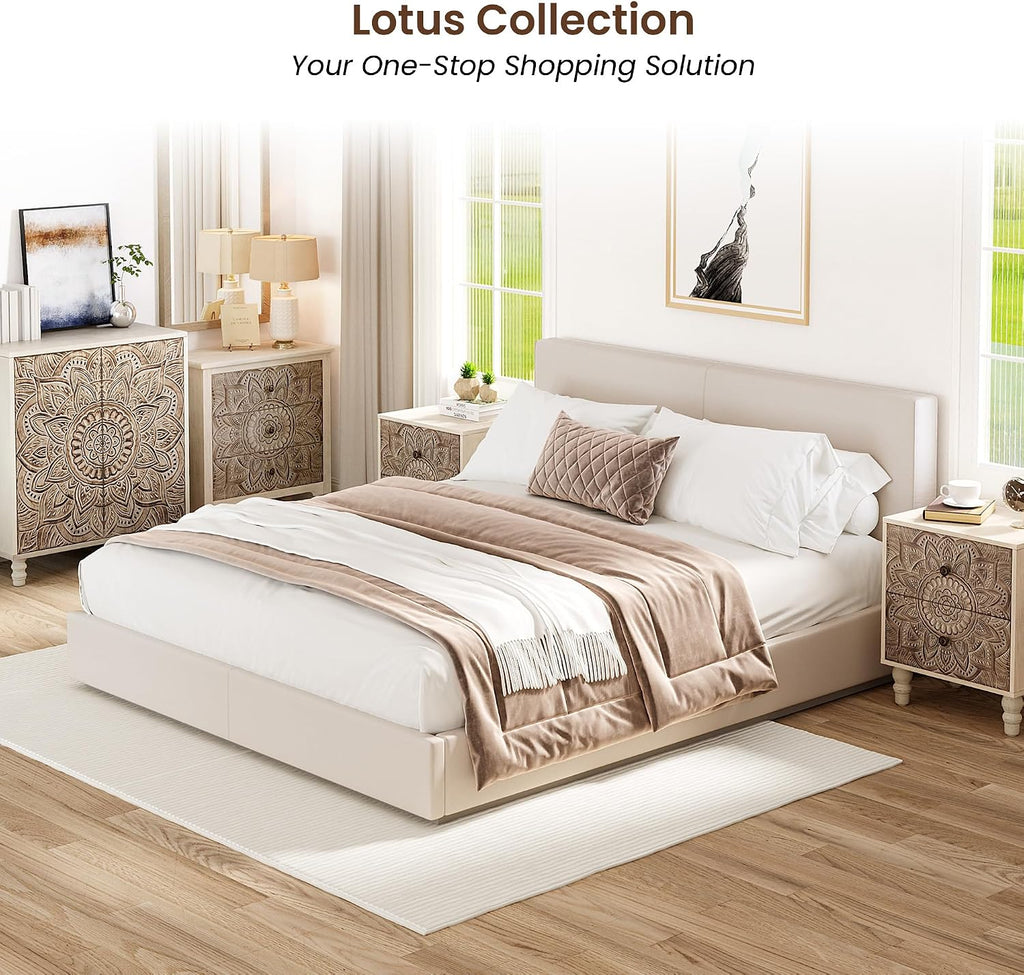 COSIEST Vintage Nightstand, 18' Wide Wood Small Bed Side Table with 2 Drawers, Accent Bedside Table, Bedroom Furniture for Home, Office (Lotus Pattern)