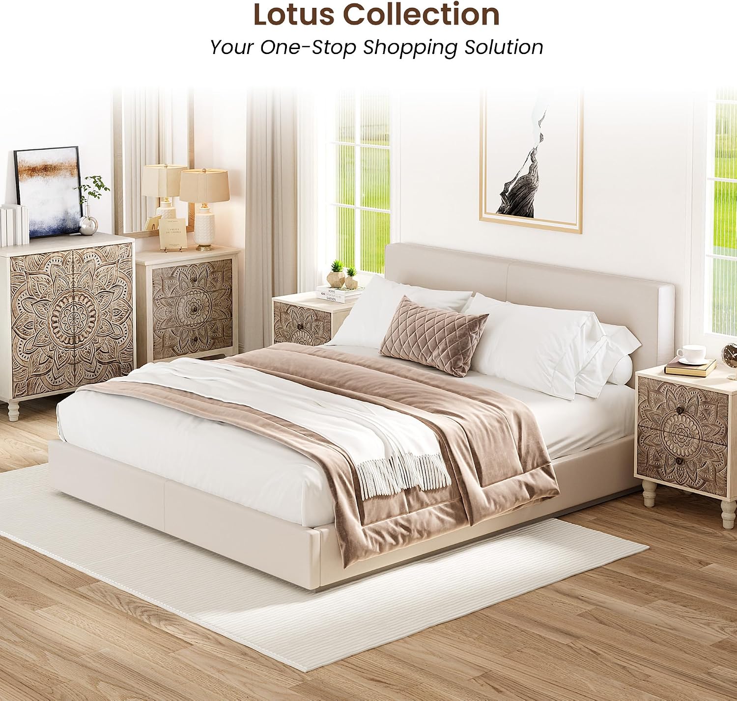 COSIEST Vintage Nightstand, 18' Wide Wood Small Bed Side Table with 2 Drawers, Accent Bedside Table, Bedroom Furniture for Home, Office (Lotus Pattern)