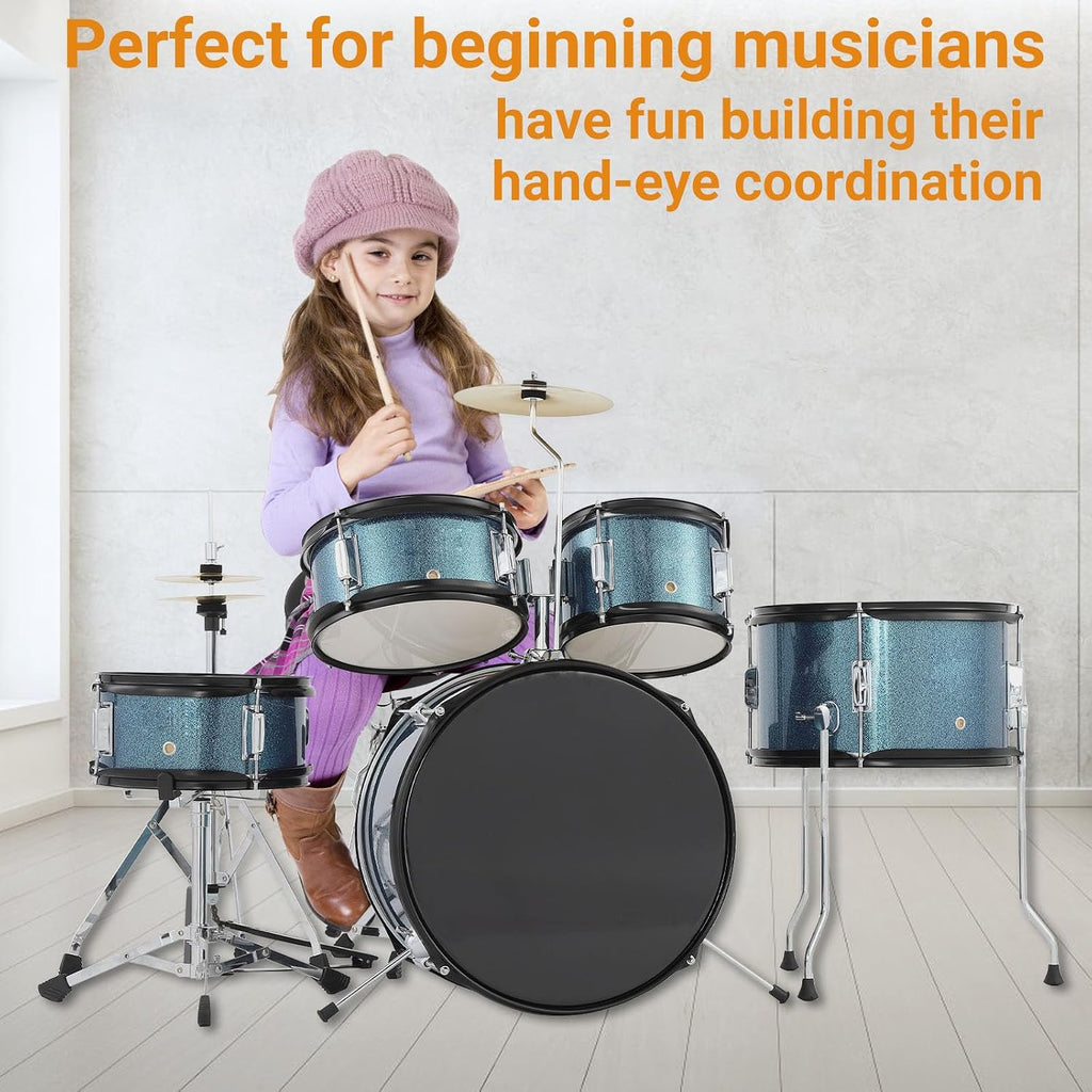 5-Piece 16 Inch Kids Drum Set, Junior Drum Kit with Bass Drum, Snare, 2 Toms, Cymbal, Hi-Hat, Throne Stool, Drumsticks & Pedals, Musical Gift for Beginner Students Ages 4+(Blue)