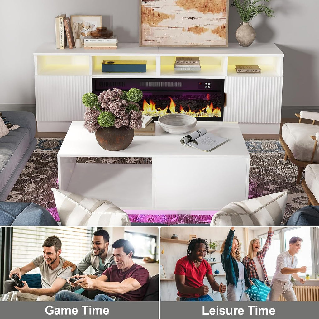 COSVALVE Modern White LED Coffee Tables for Living Room with Drawer & 16-Color LED Lights, Rectangle Living Room Sofa Table with Ample Storage Space(23.6' D x 43.3' W x 15.7' H)