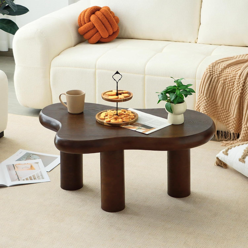 34'(L) Cloud Coffee Table, Modern Wood Coffee Table for Living Room, Accent Center Tables with 3 Legs, Small Tea Tables for Balcony, Patio, Bedroom, Walnut