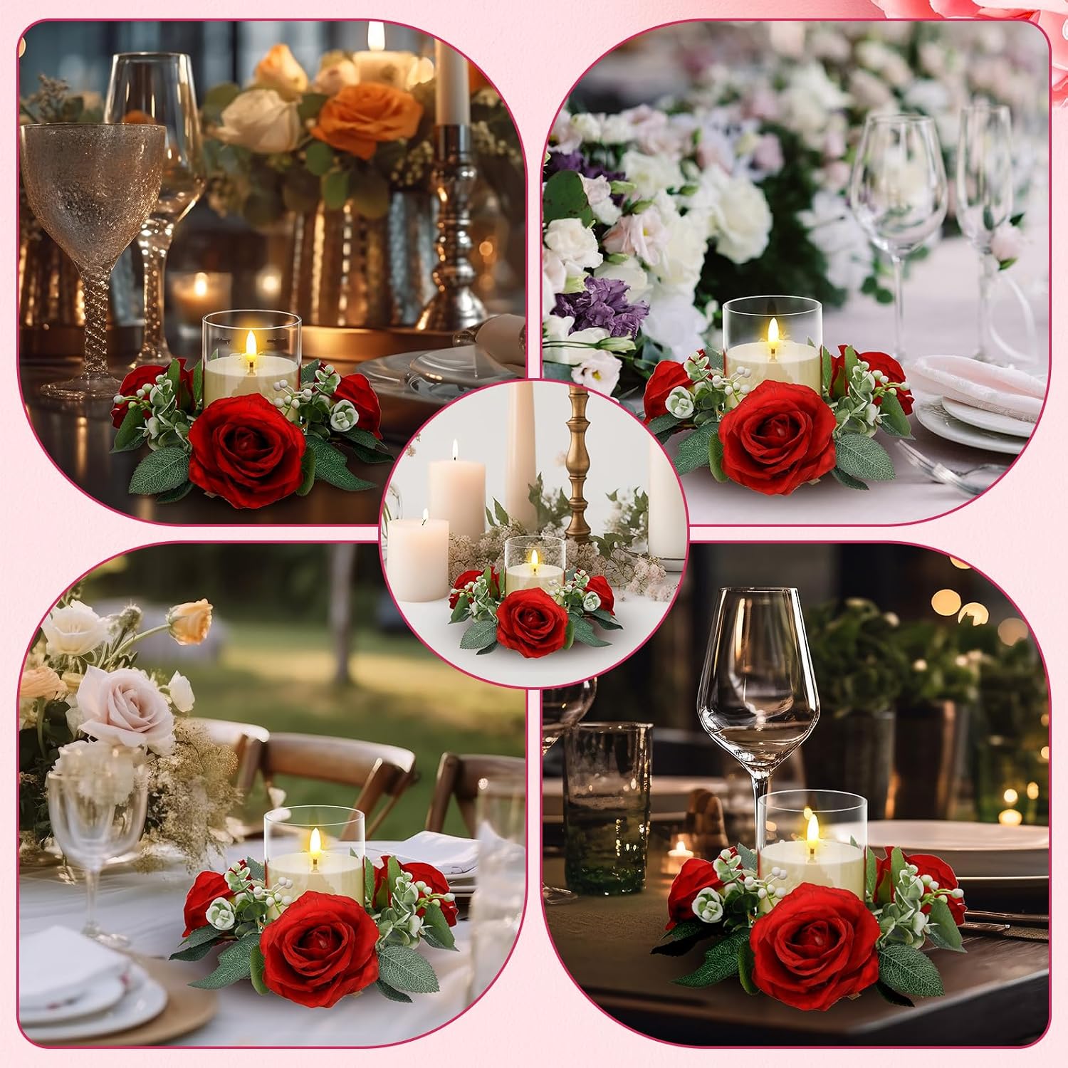 Yunlly 36 Pcs Rose Candle Rings with Flameless Candles Sets, Artificial Flower Eucalyptus Wedding Centerpiece 3 Inch Pillar Candleholders Wreaths for Wedding Party Mother's Day (Red)