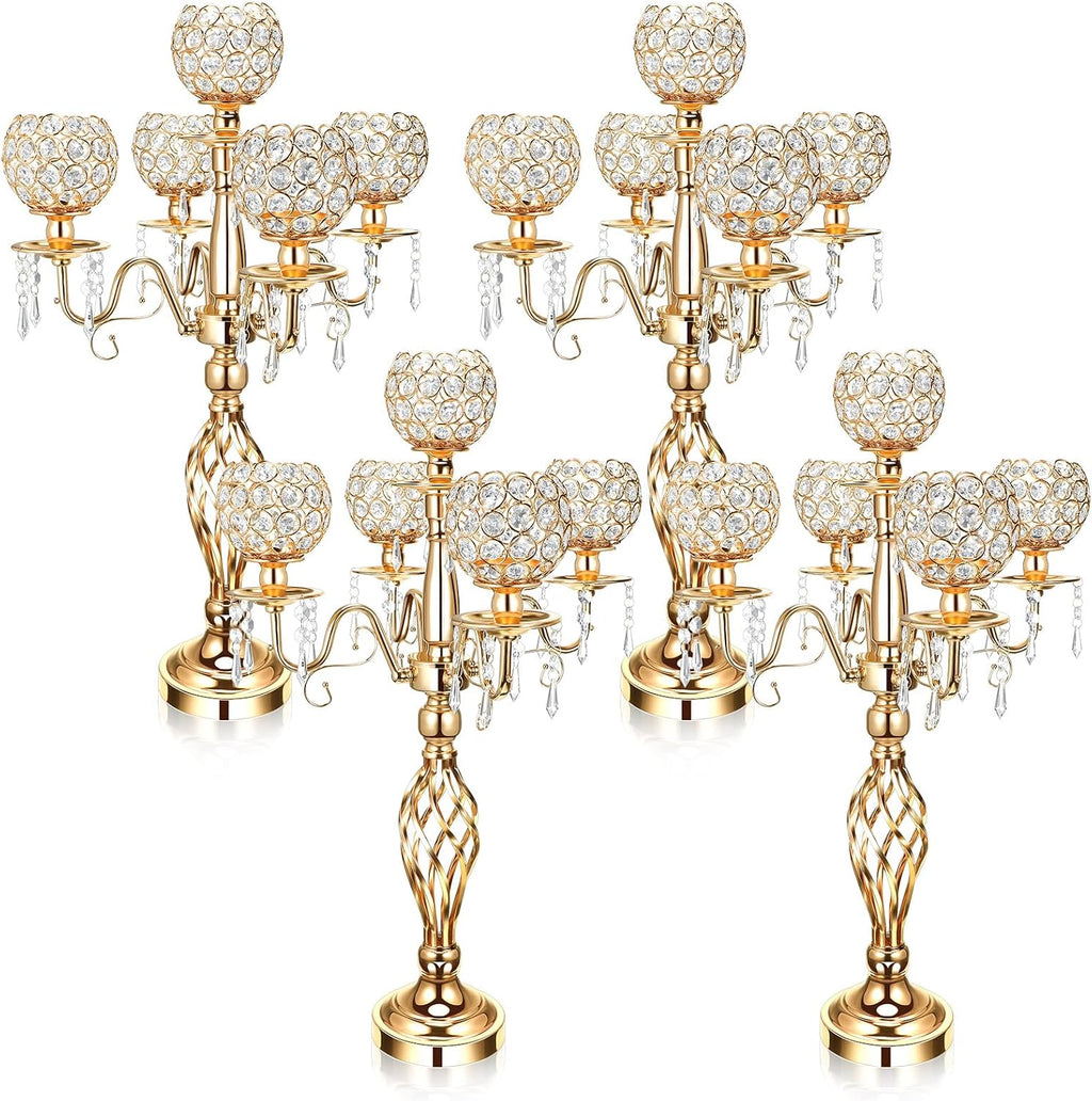 Nitial 4 Pcs 5 Arm Crystal Candelabra Centerpieces for Table 27 Inch Retro Victorian Crystal Candle Holders Bowl Table Centerpieces Decor for Wedding Banquet Valentine Dinner Party Event (Gold)