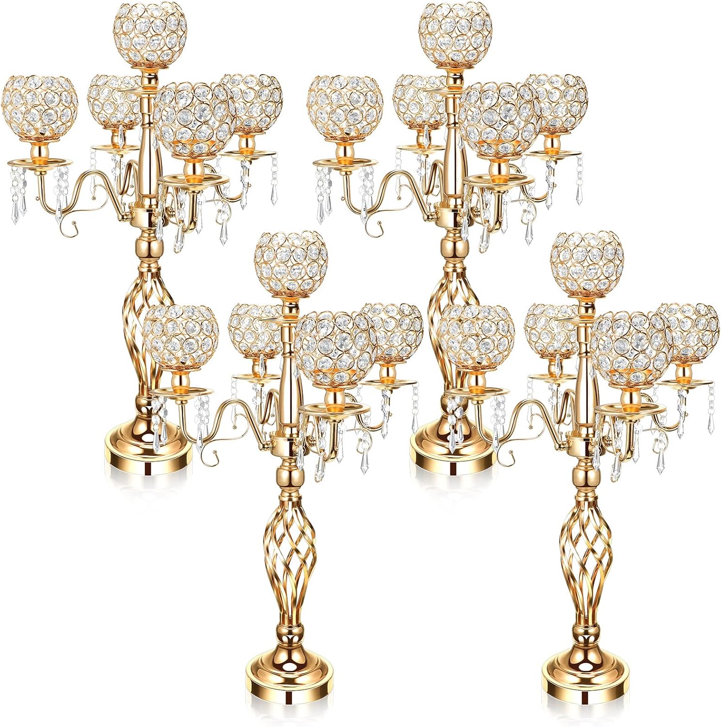 Nitial 4 Pcs 5 Arm Crystal Candelabra Centerpieces for Table 27 Inch Retro Victorian Crystal Candle Holders Bowl Table Centerpieces Decor for Wedding Banquet Valentine Dinner Party Event (Gold)