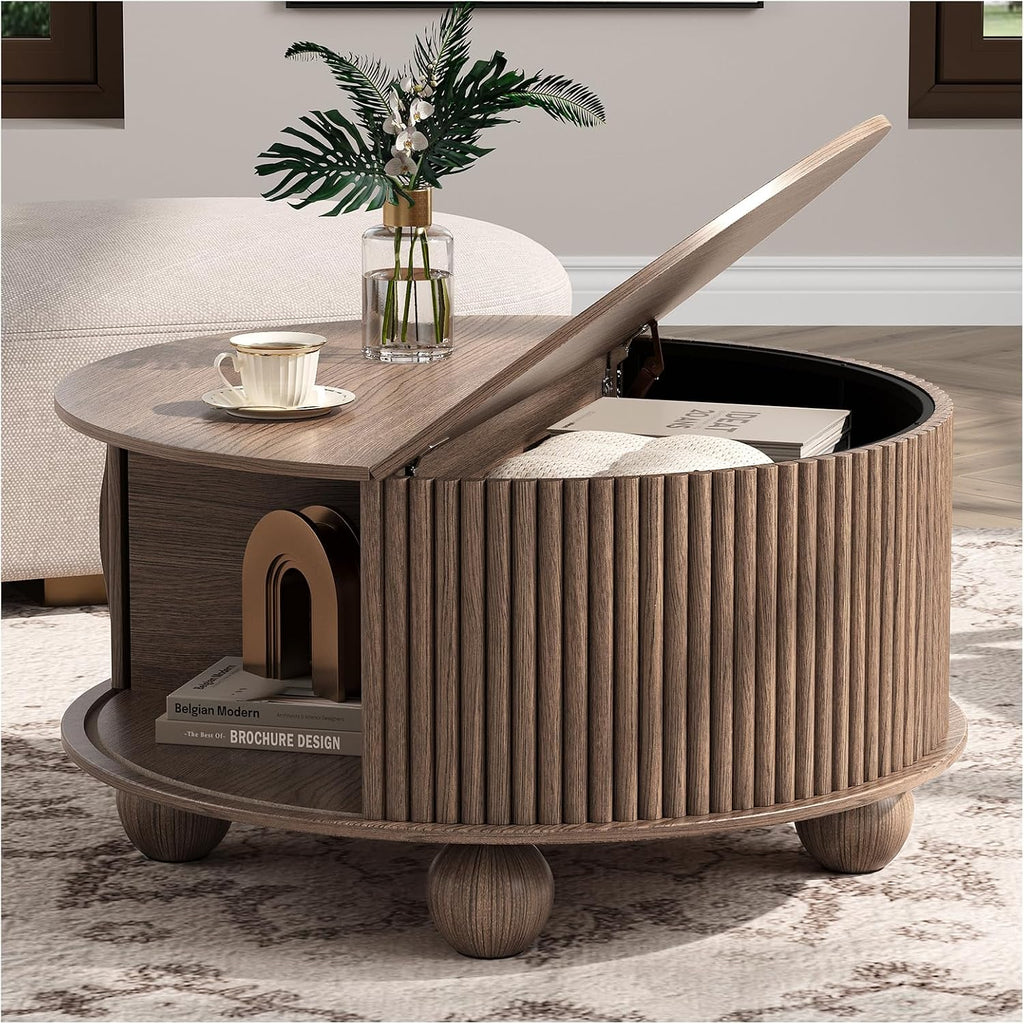 Round Coffee Table with Storage, 31.5' Mid Century Modern Coffee Table with Sliding Door & Bun Feet, Minimalist Fluted Center Table for Living Room, Home Small Space, Walnut