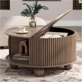 Round Coffee Table with Storage, 31.5' Mid Century Modern Coffee Table with Sliding Door & Bun Feet, Minimalist Fluted Center Table for Living Room, Home Small Space, Walnut