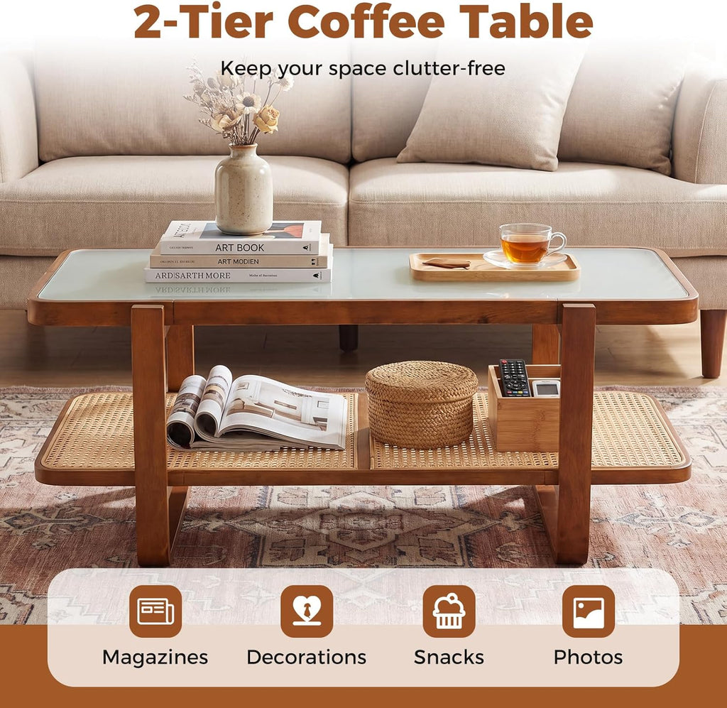 Giantex Rattan Coffee Table, 41.5' Farmhouse Center Table with Storage & Frosted Tempered Glass, Wood Boho Accent Cocktail Tea Table, Modern Living Room Table for Small Spaces, Walnut