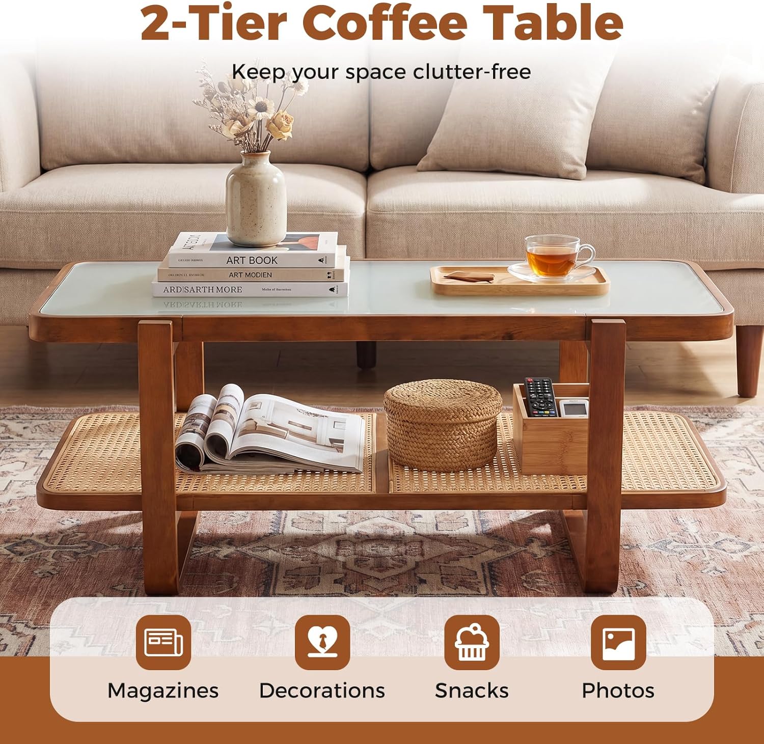 Giantex Rattan Coffee Table, 41.5' Farmhouse Center Table with Storage & Frosted Tempered Glass, Wood Boho Accent Cocktail Tea Table, Modern Living Room Table for Small Spaces, Walnut