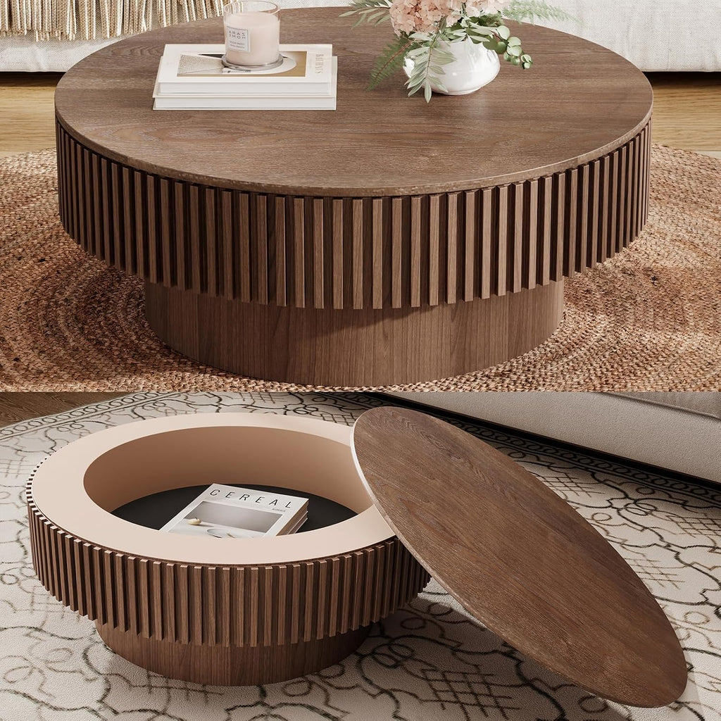 31.5'' Round Coffee Table with Storage, Modern Luxury Circle Drum Center Tables with Solid Wood Veneered, Accent Side Coffee Table for Living Room, Bedroom, Apartment-Walnut