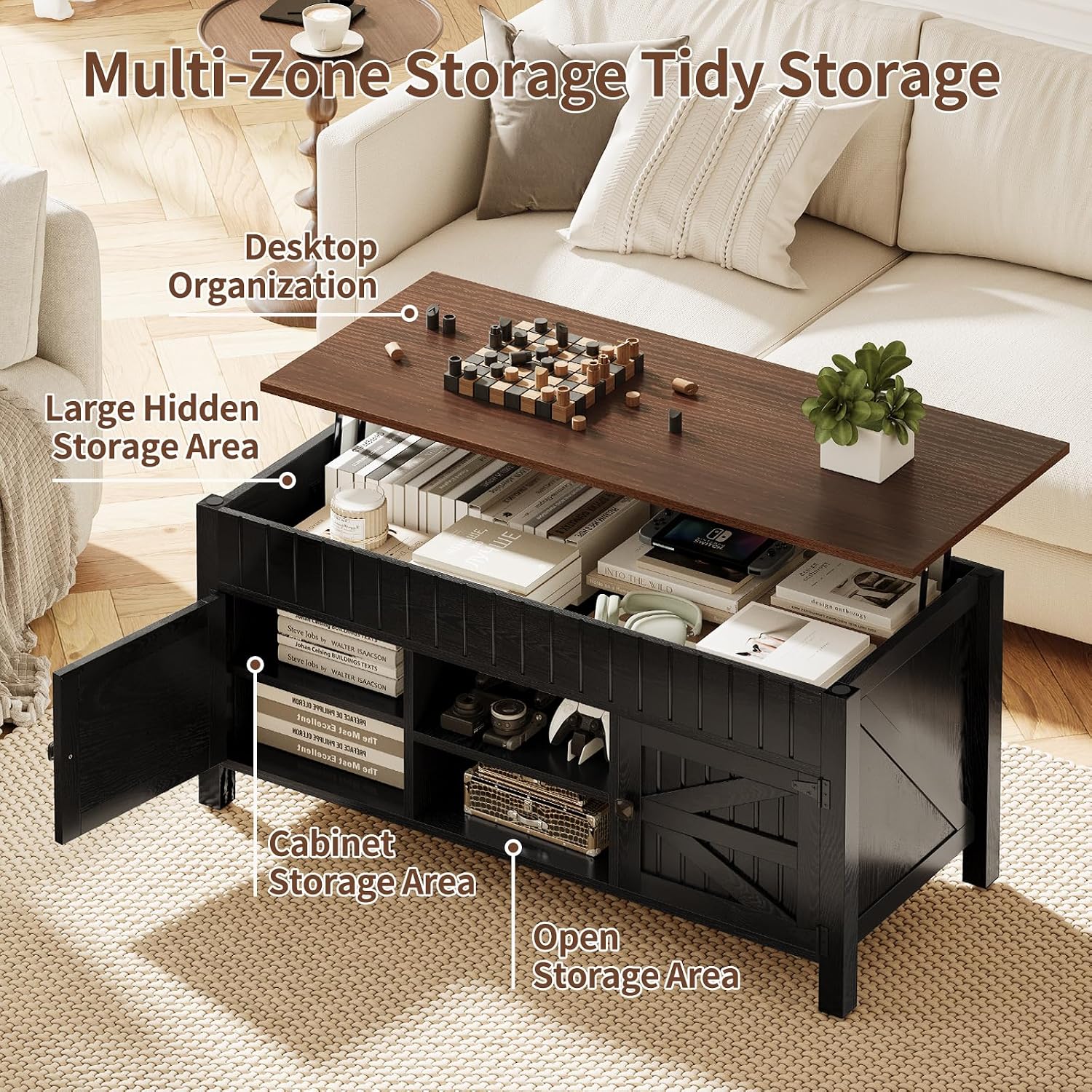 47.3' Lift Top Coffee Table with Storage - Black Coffee Tables for Living Room, Farmhouse Wood Center Table, Large Rectangle Middle Tables with Hidden Compartment & Adjustable Shelf