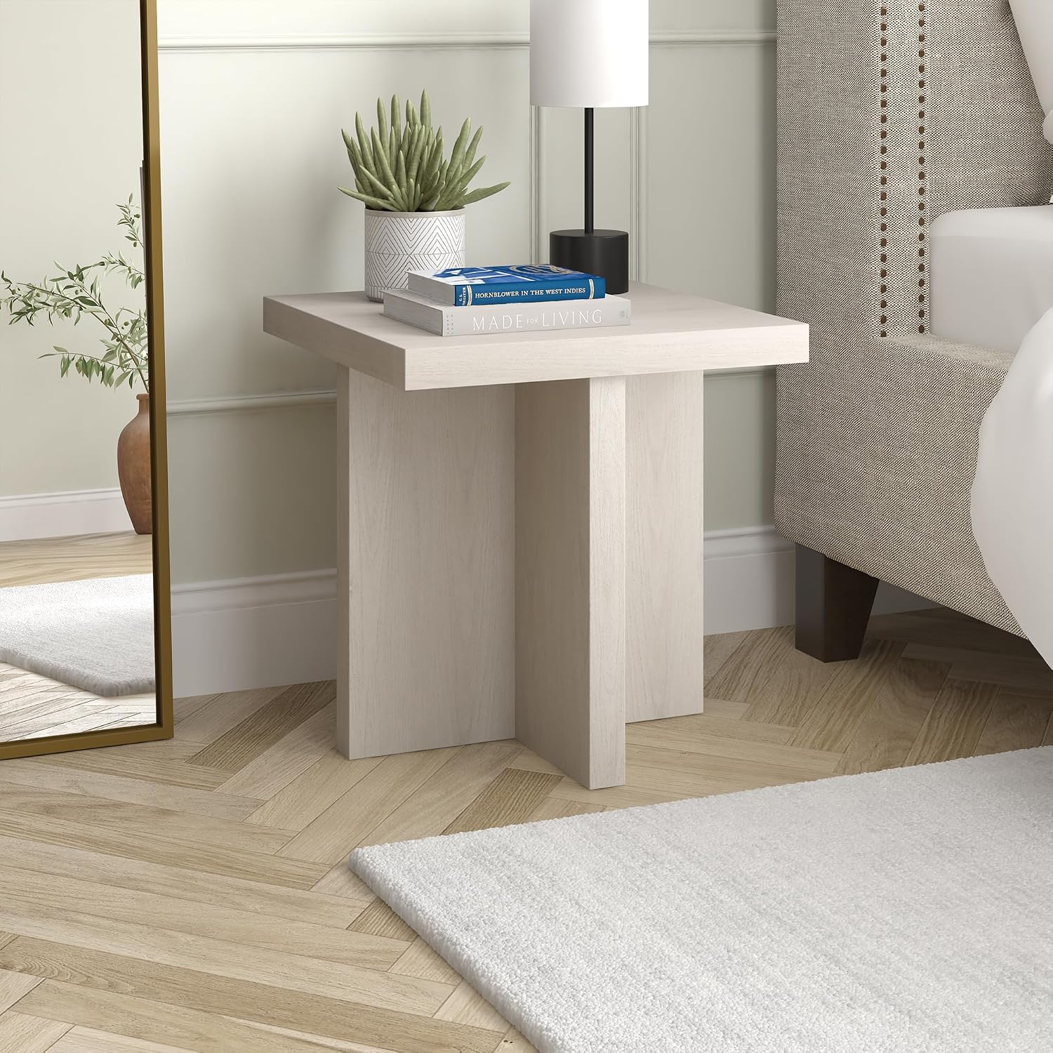 Henn&Hart 22' Scandinavian Square Wooden End Table, Side Table, Nightstand with X-Base for Living Room, Office, Family Room, or Bedroom, Beech White