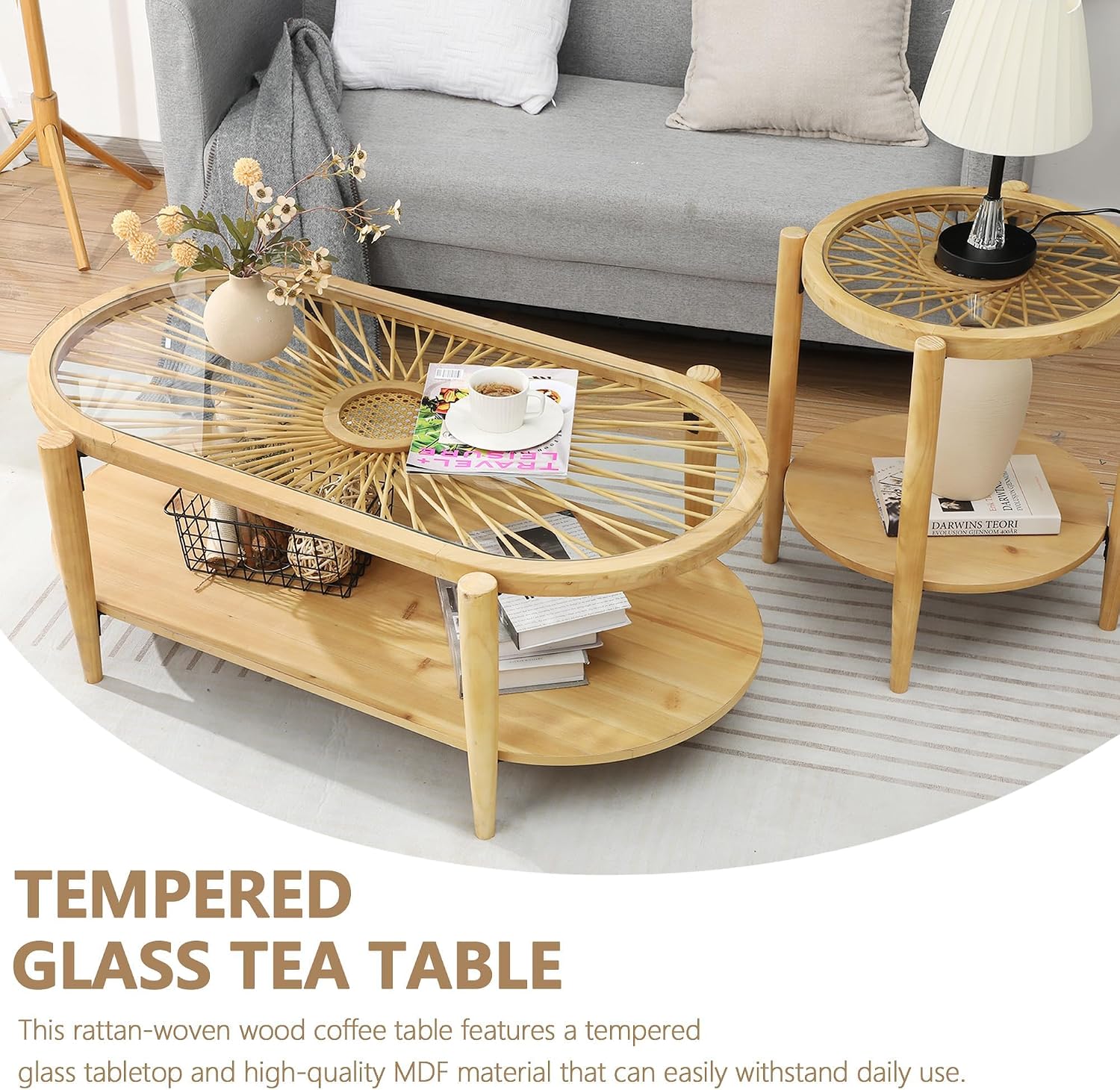 RUSTOWN Rattan Coffee Tables,2-Tier Oval Boho Cocktail Tables, Mid Century Modern Coffee Table with Rattan & Tempered Glass Top and Wood Legs, Sofa Table for Living Room(Natural)