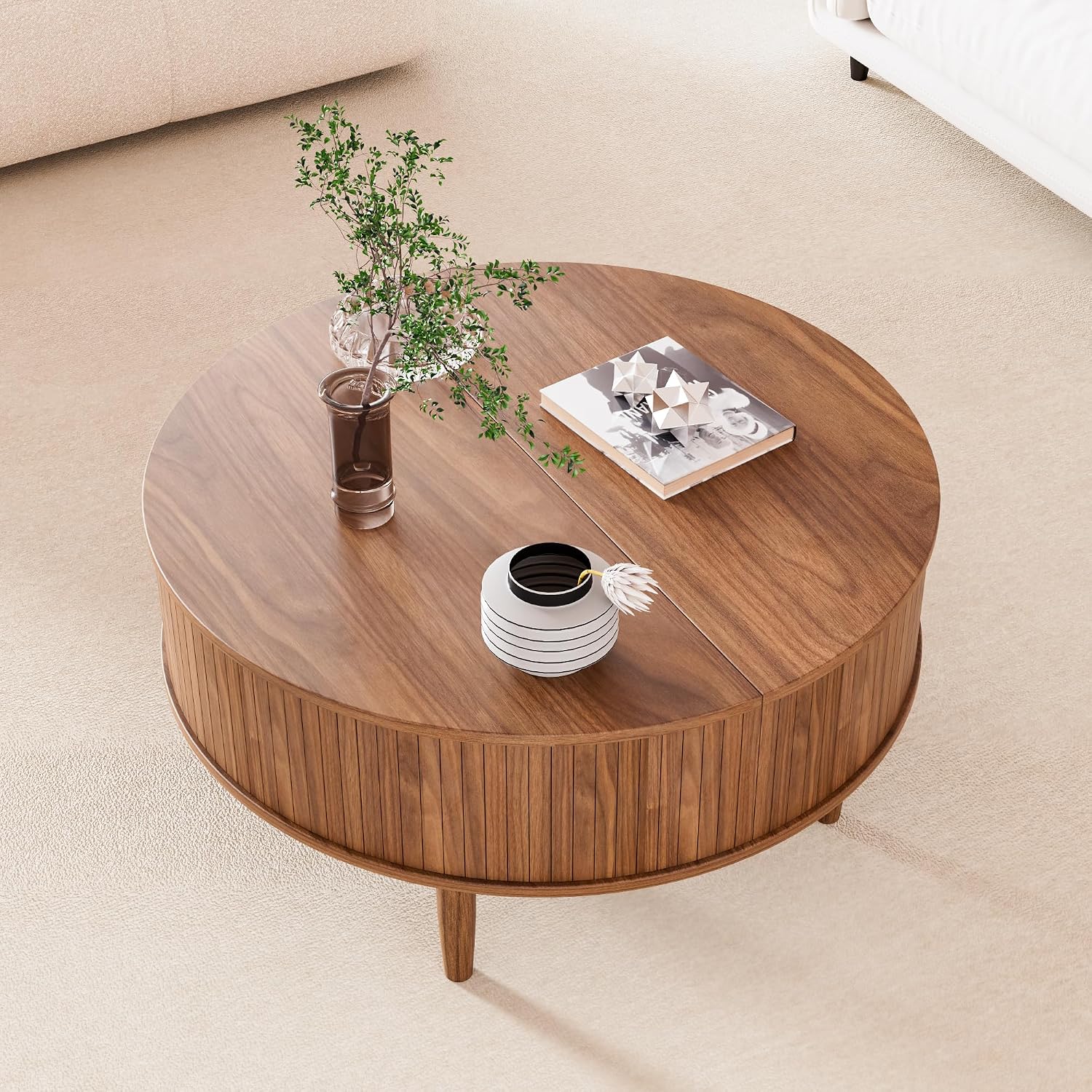 Round Fluted Lift Top Coffee Table with Storage, Mid Century Modern Coffee Table for Living Room, Home Small Space,31.5' Fluted Center Table (Walnut, 31.5inch)