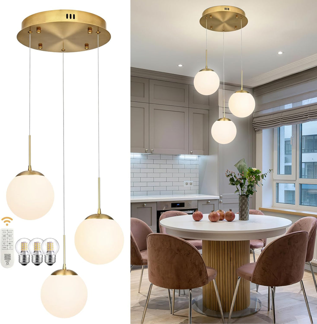 KoKo&Yukina 3 Light Globe Glass Pendant Light & 6 Inch Milk White Glass Globes Shade Frosted Replacement Glass Shades - 2.67' Fitter