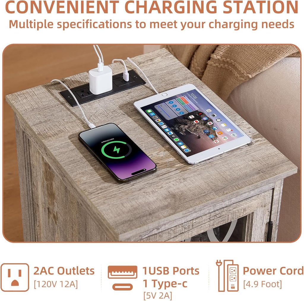 Joaxswe Narrow Side Table with Charging Station Set of 2, Night Stand with Glass Door,Bedside End Tables with Adjustable Shelf Storage Cabinet,Wood Nightstand for Small Spaces Living Room Bedroom