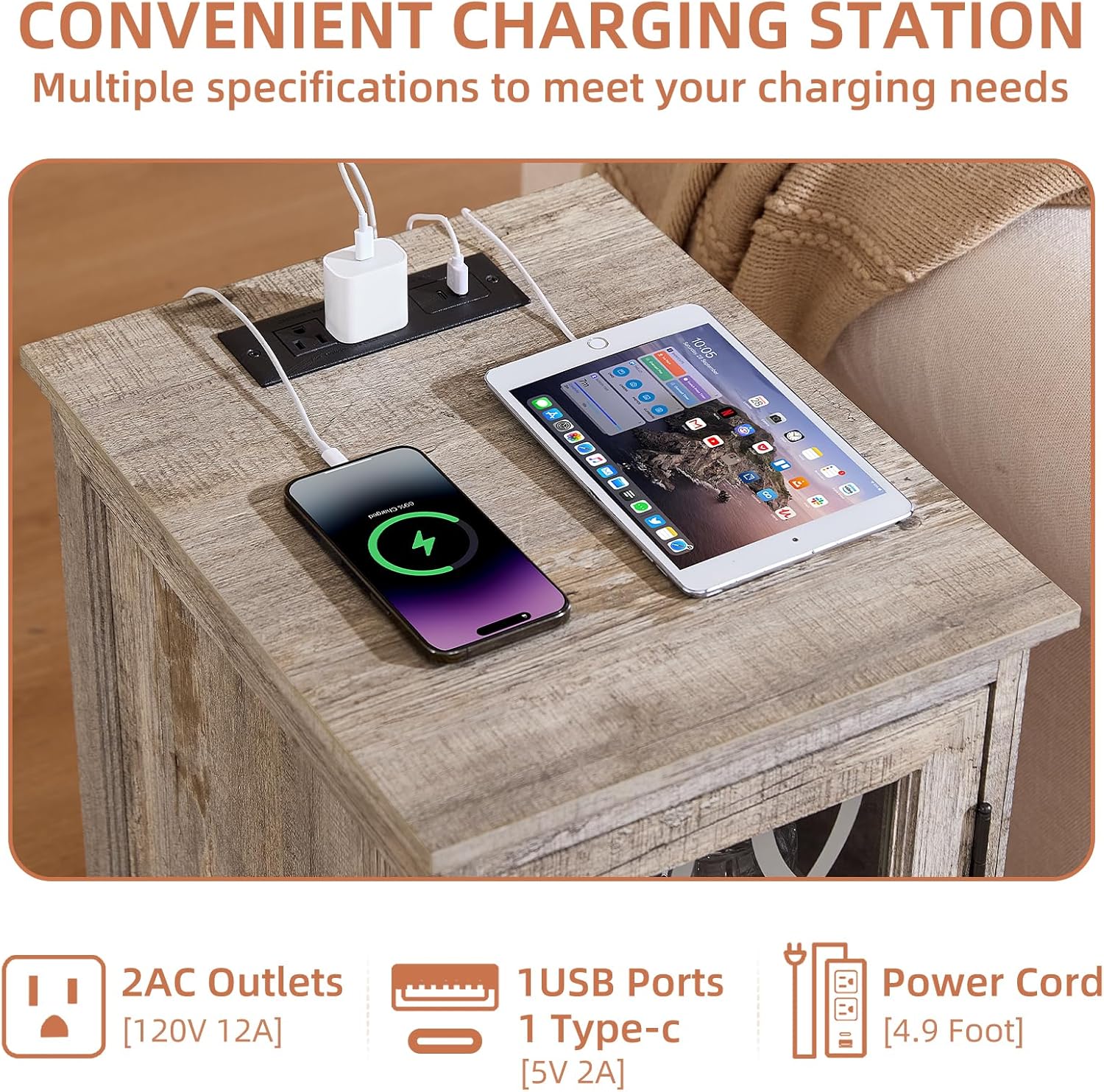Joaxswe Narrow Side Table with Charging Station Set of 2, Night Stand with Glass Door,Bedside End Tables with Adjustable Shelf Storage Cabinet,Wood Nightstand for Small Spaces Living Room Bedroom
