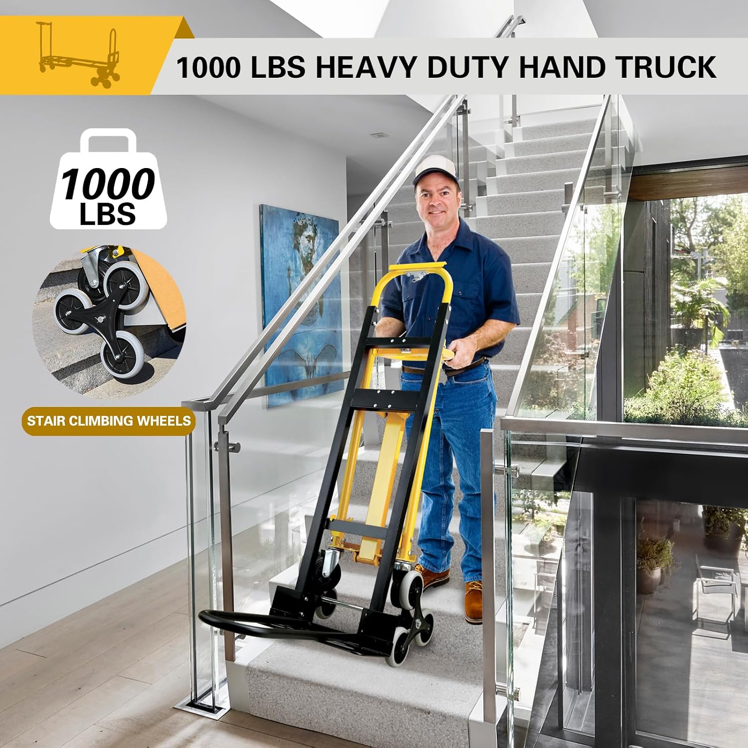 1000 LBS Industrial Convertible Hand Truck,3 in 1 Stair Climbing Dolly Cart,Stair Dolly Climber Heavy Duty with Solid Wheels for Moving,Transport in Warehouse,Office(Yellow)