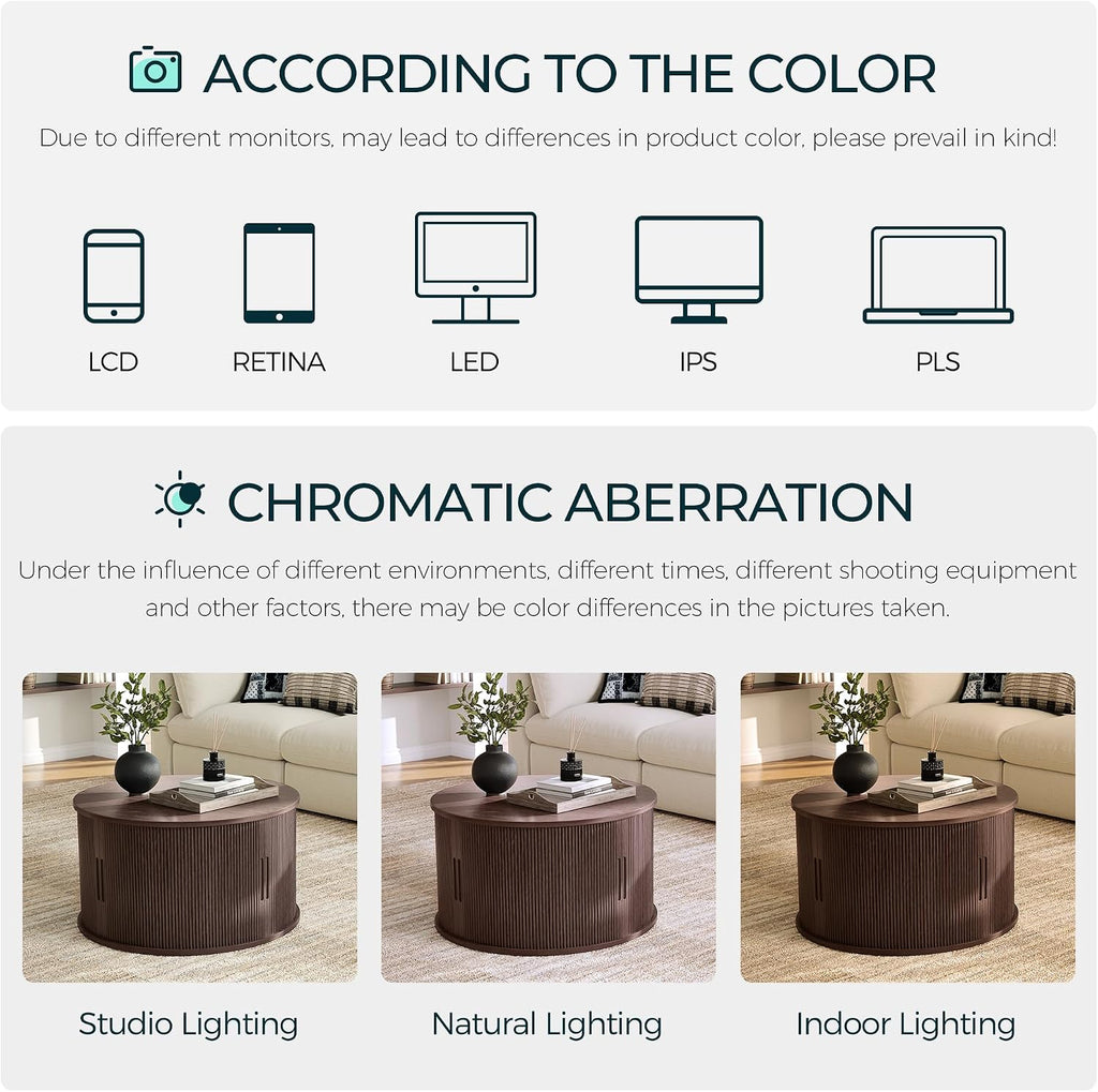 LINSY HOME Round Coffee Table, 31.5' Drum Coffee Table with Sliding Tambour Door, Fluted Accent Center Table with Storage, Mid Century Modern Coffee Table for Living Room, Walnut