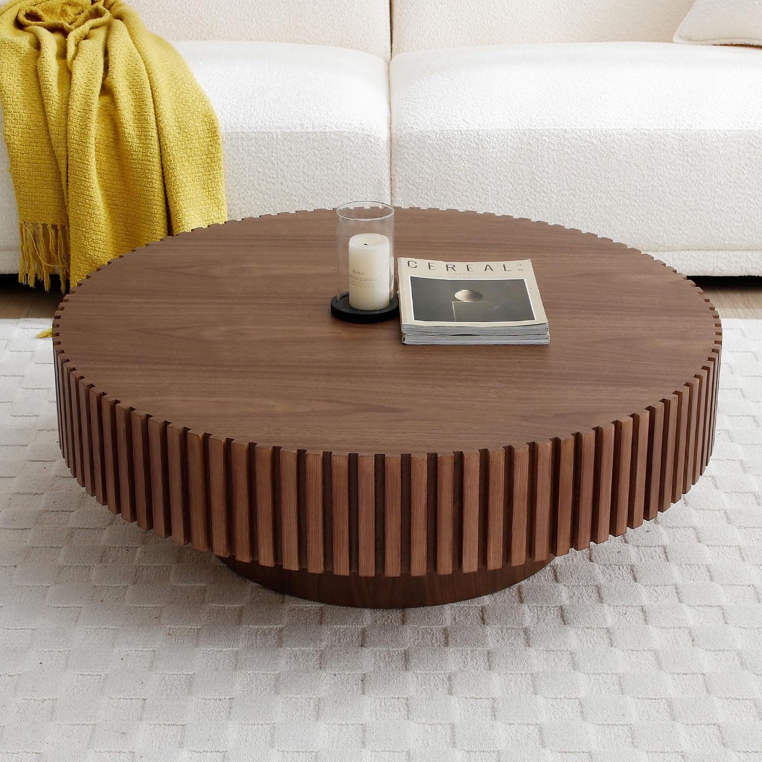 31' Round Coffee Table for Living Room, Mid Century Modern Coffee Table with Sturdy Pedestal, Circle Center Table Accent Tea Table for Apartment Walnut