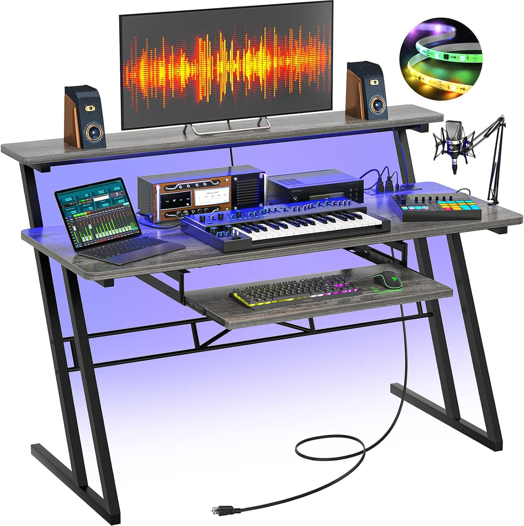 Armocity Music Studio Desk Production Workstation - Recording Studio Desk for Producer with Power Outlet & RGB LED Lights, Studio Workstation for Music Recording, Home Studio Table Desks, Grey Oak