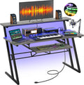 Armocity Music Studio Desk Production Workstation - Recording Studio Desk for Producer with Power Outlet & RGB LED Lights, Studio Workstation for Music Recording, Home Studio Table Desks, Grey Oak