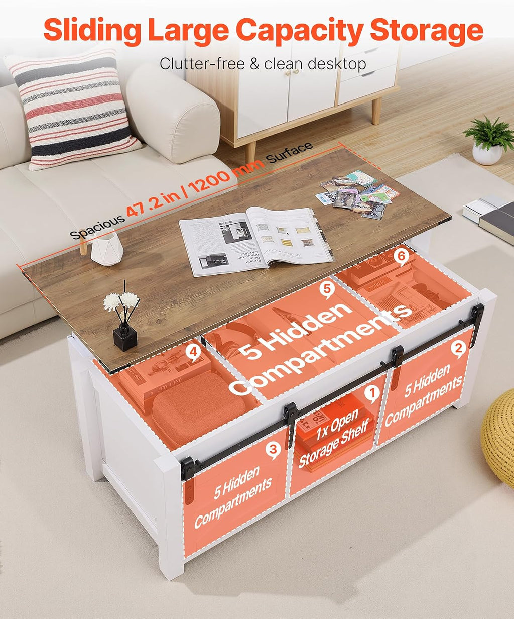 VEVOR 47.2'' Farmhouse Lift Top Coffee Table with Sliding Barn Door, Rustic Center Table with Hidden Storage Compartment, Rectangle Lifting Large Tabletop for Living Room, Office, Easy Assembly, White
