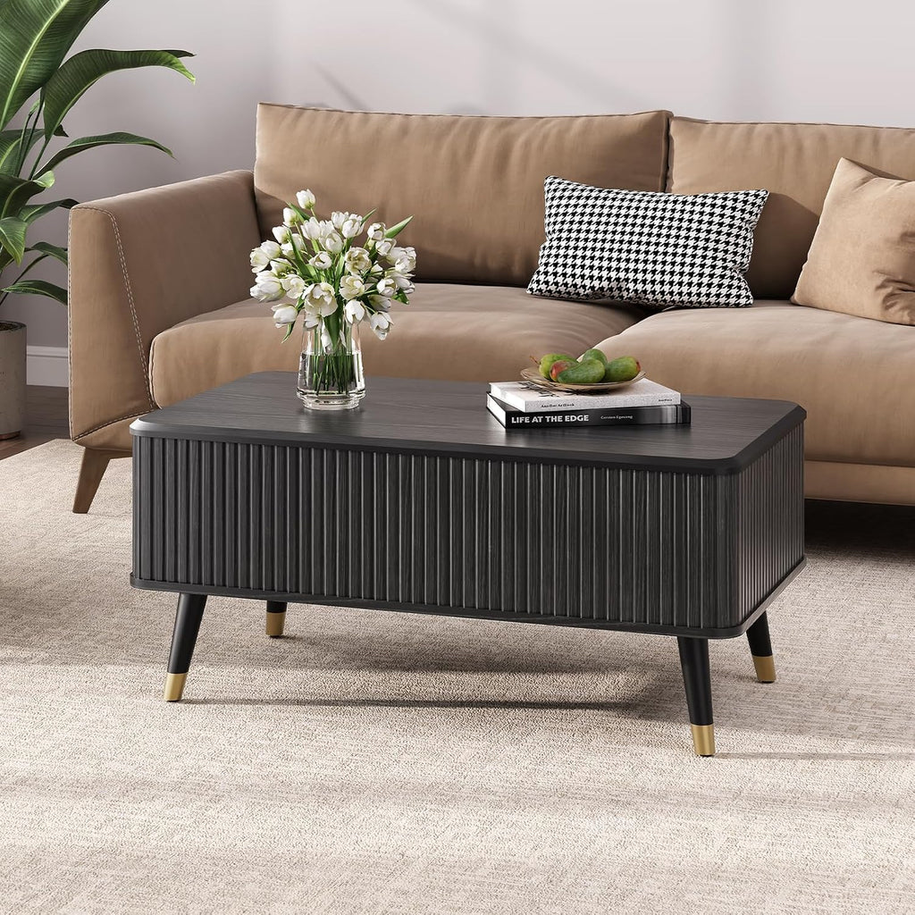 Lift Top Coffee Table with Storage, Modern Coffee Table with Solid Wood Legs, 38' Minimalist Fluted Center Table for Living Room, Home Office, Black