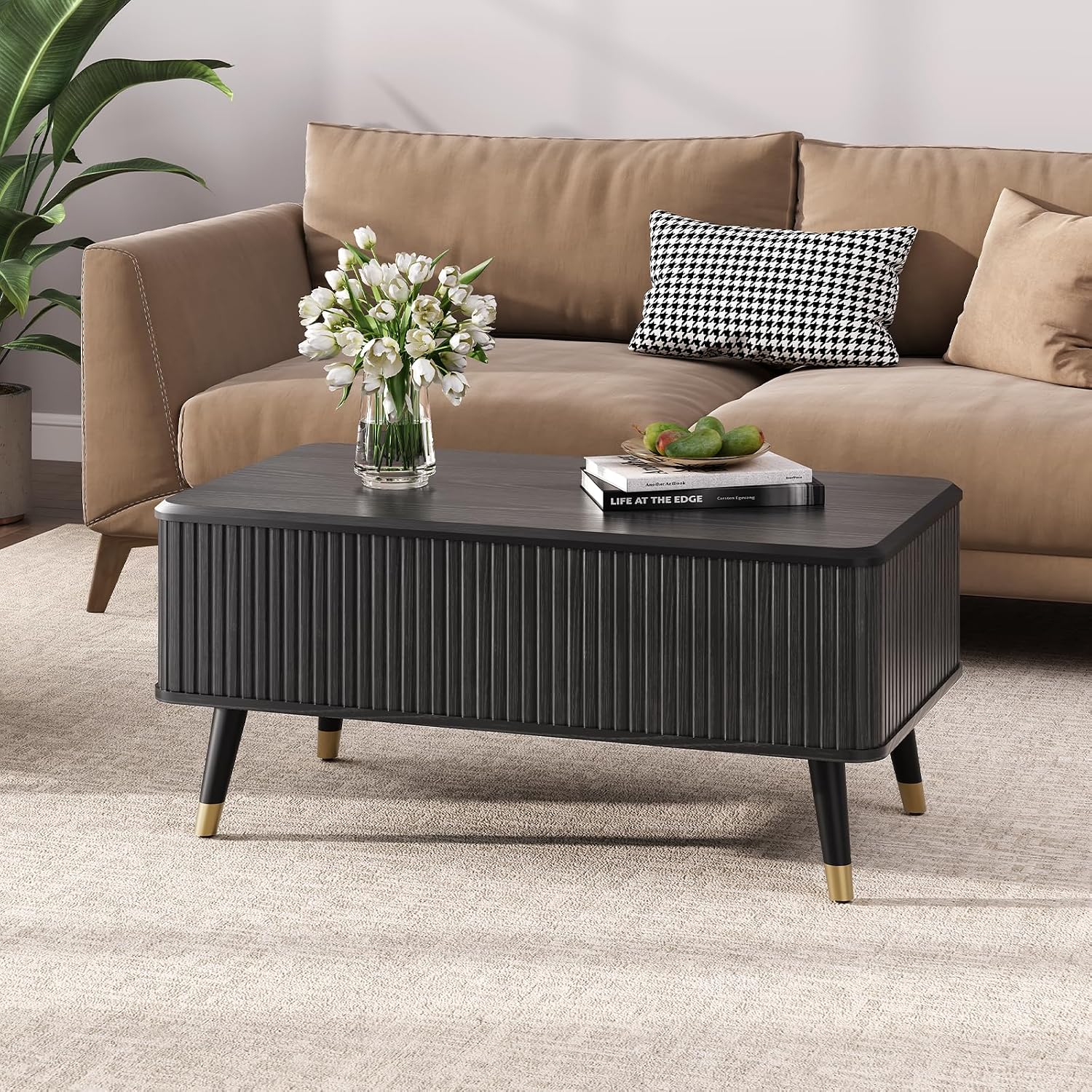 Lift Top Coffee Table with Storage, Modern Coffee Table with Solid Wood Legs, 38' Minimalist Fluted Center Table for Living Room, Home Office, Black