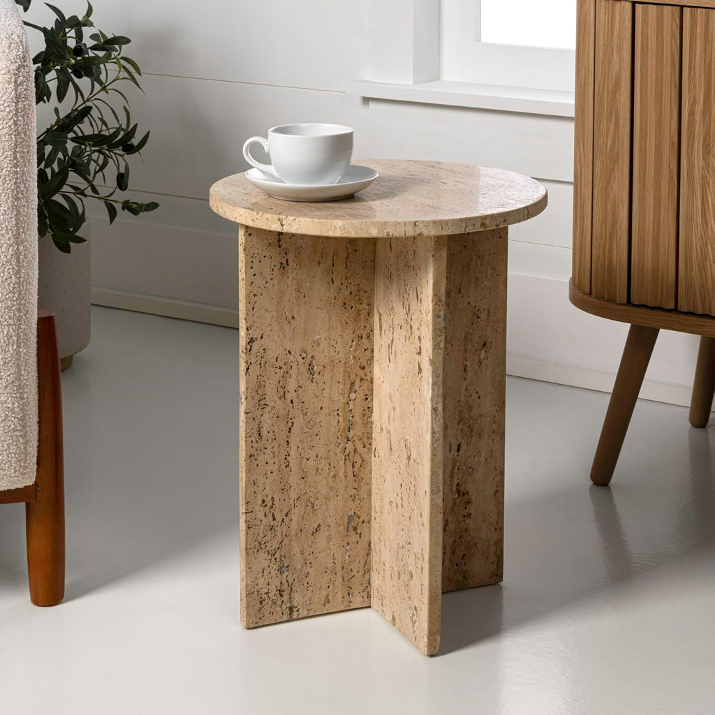 JONATHAN Y MTB1103C Javier 17.75' Contemporary Natural Marble Handmade X-Shaped End Table, Side Table for Living Room, Bedroom, Bathroom, Travertine