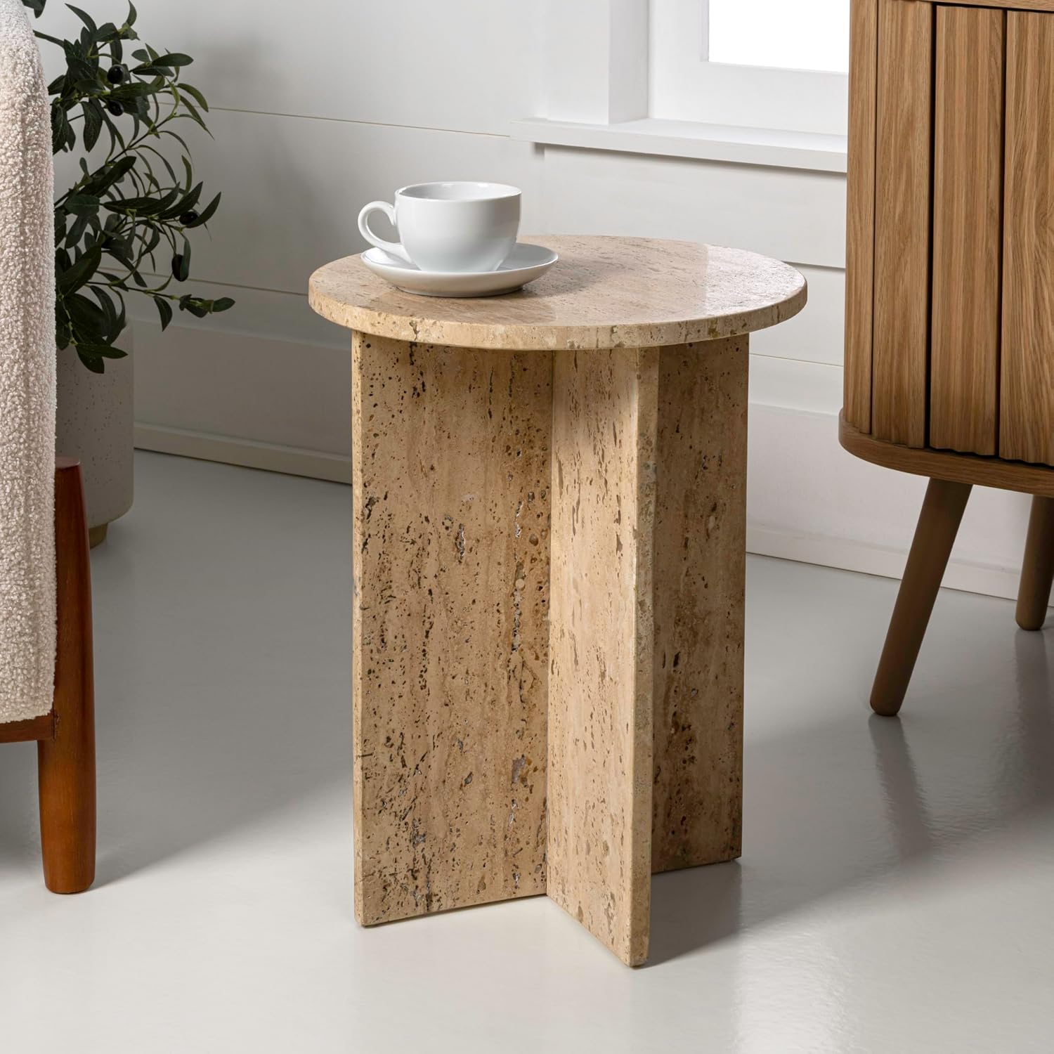 JONATHAN Y MTB1103C Javier 17.75' Contemporary Natural Marble Handmade X-Shaped End Table, Side Table for Living Room, Bedroom, Bathroom, Travertine