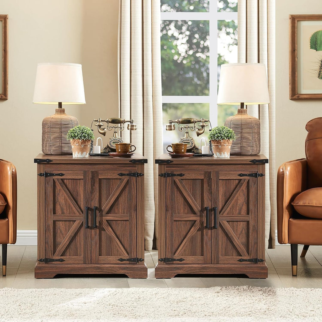 Barnyatoh Farmhouse End Table with Charging Station,Large Side Table with Barn Door, Rustic Wood Square Nightstand Bedside Table with Adjustable Storage Shelf for Living Room, Bedroom,Walnut 2-Pack