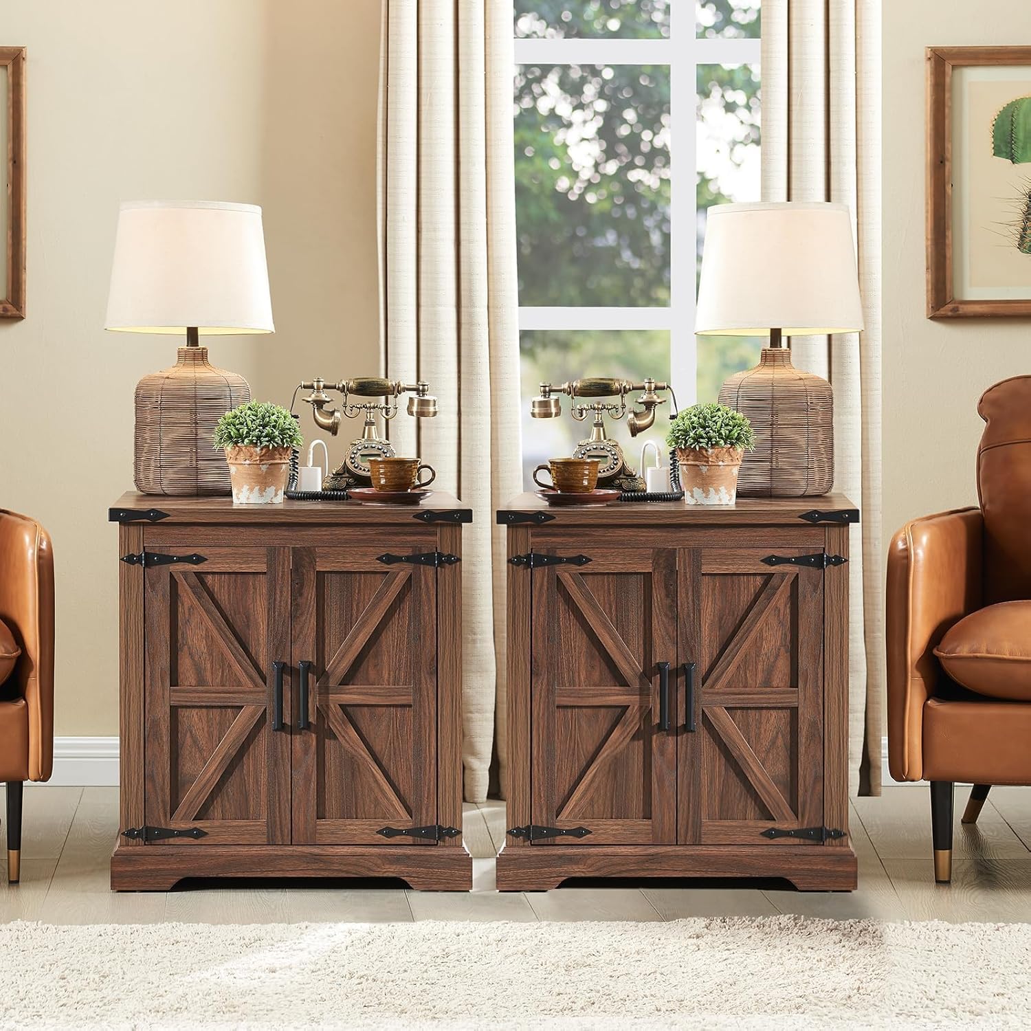 Barnyatoh Farmhouse End Table with Charging Station,Large Side Table with Barn Door, Rustic Wood Square Nightstand Bedside Table with Adjustable Storage Shelf for Living Room, Bedroom,Walnut 2-Pack