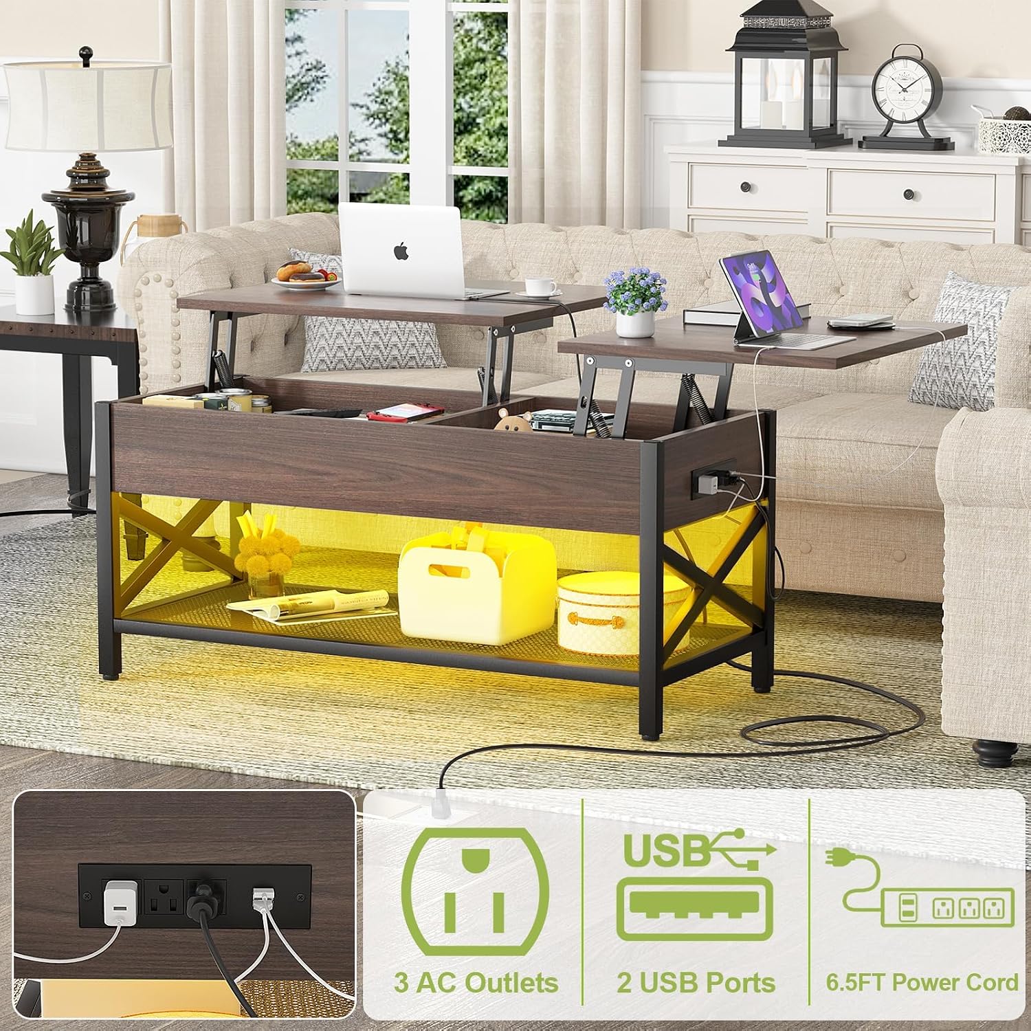 Aheaplus Coffee Table, Lift Top Coffee Table with LED light and Power Outlet, Modern Lift-Top Table with Storage Shelf, Center Table for Living Room with Lift Tabletop, X Support Metal Frame, Espresso