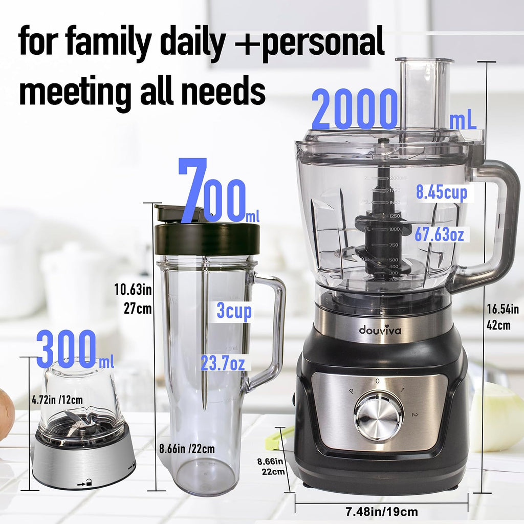 8-Cup Food Processor & Blender Combo, 1000W All-in-One Kitchen Blender for Ice Crushing, Smoothies & Dough, 24oz To-Go Cup, French Fry Cutter, Dishwasher Safe, Black
