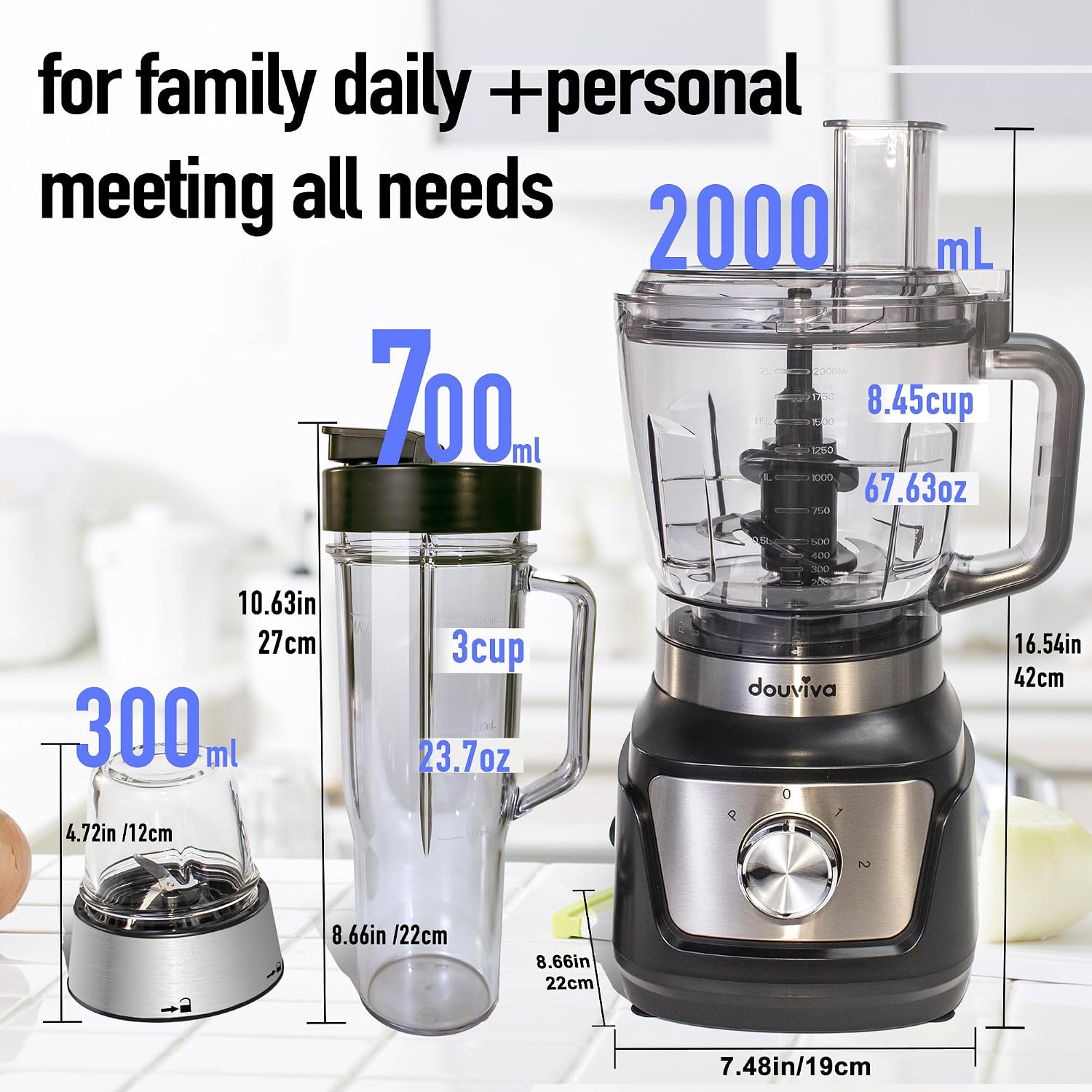8-Cup Food Processor & Blender Combo, 1000W All-in-One Kitchen Blender for Ice Crushing, Smoothies & Dough, 24oz To-Go Cup, French Fry Cutter, Dishwasher Safe, Black