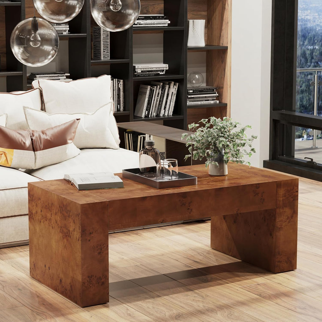 COZAYH Modern Burl Finish Coffee Table, Wood Block Center Table with Thick Legs, Minimalist Rectangular Cocktail Table for Living Room, Dark Brown