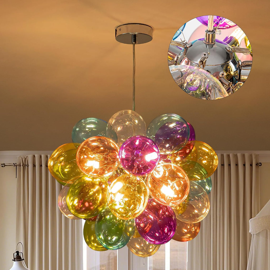 Semi Flush Mount Bubble Chandelier,Close to Ceiling Light Fixtures,16' Modern Bubble Balloon Glass Chandelier with Colorful Globe Glass Shades Pendant Light (Colorful Chandelier, 20 inch)