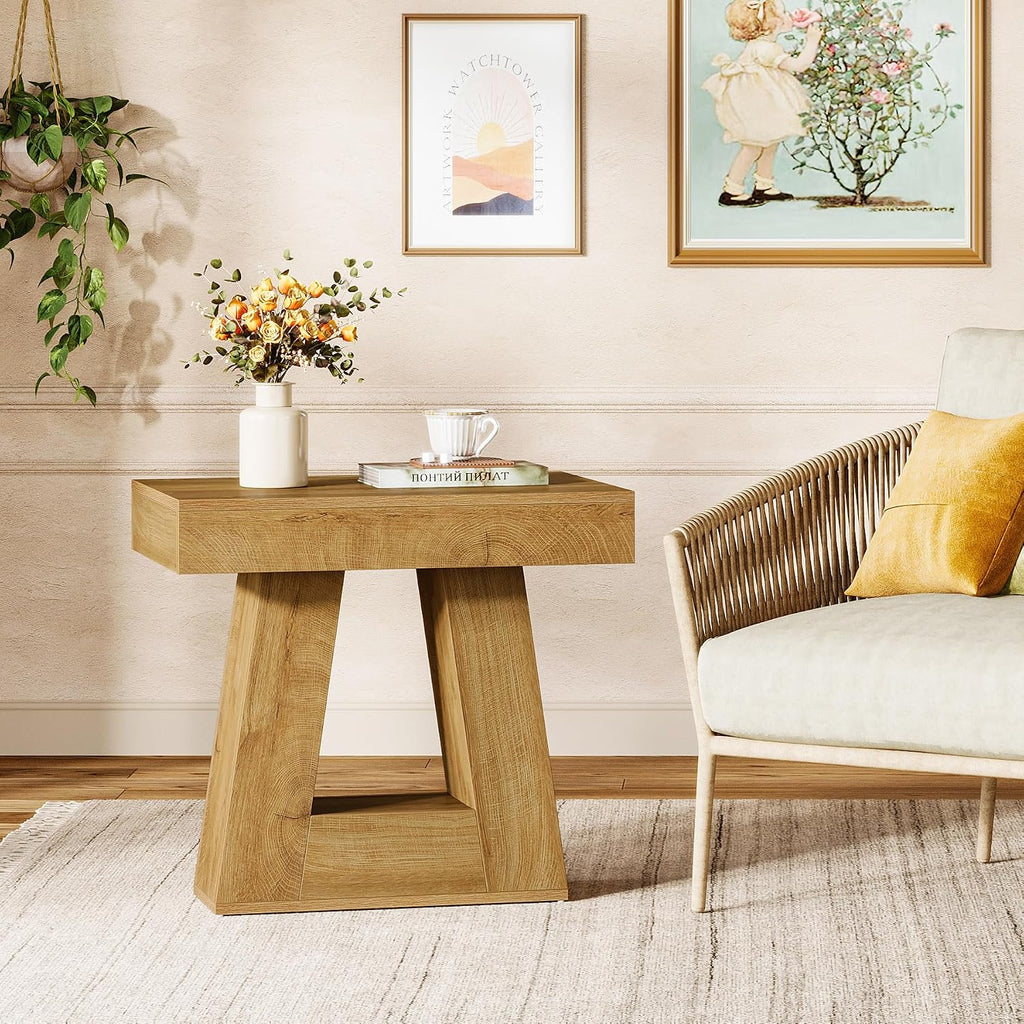 Tribesigns 24' Modern Side Table Set of 2, 2-Tier Narrow Wooden End Table with Trapezoid Base, Farmhouse Small Nightstand for Living Room, Bedroom (Natural Wood Color)