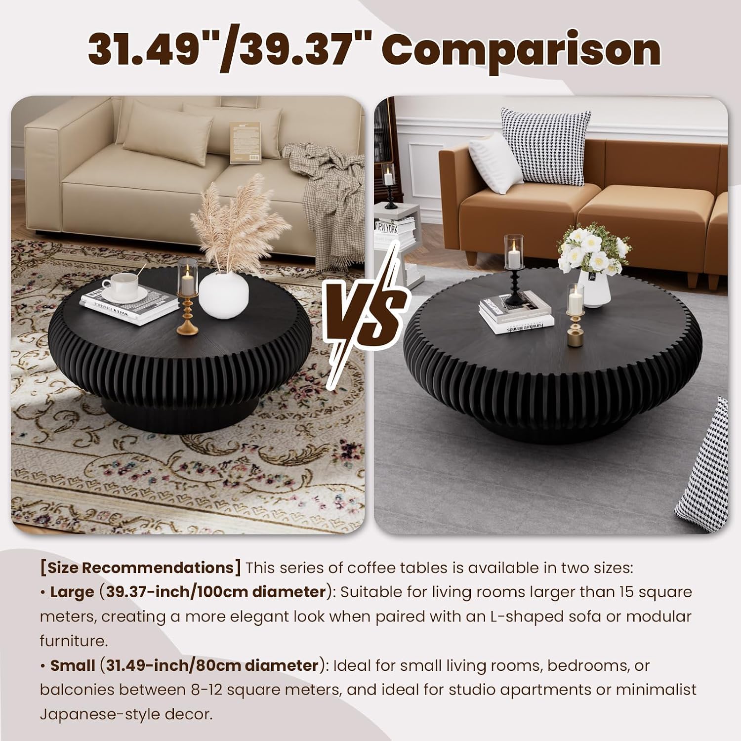 Round Drum Coffee Table for Living Room, Mid Century Modern Coffee Table with Sturdy Pedestal, Farmhouse Fluted Circle Center Table Accent Tea Table for Apartment (Large Black)