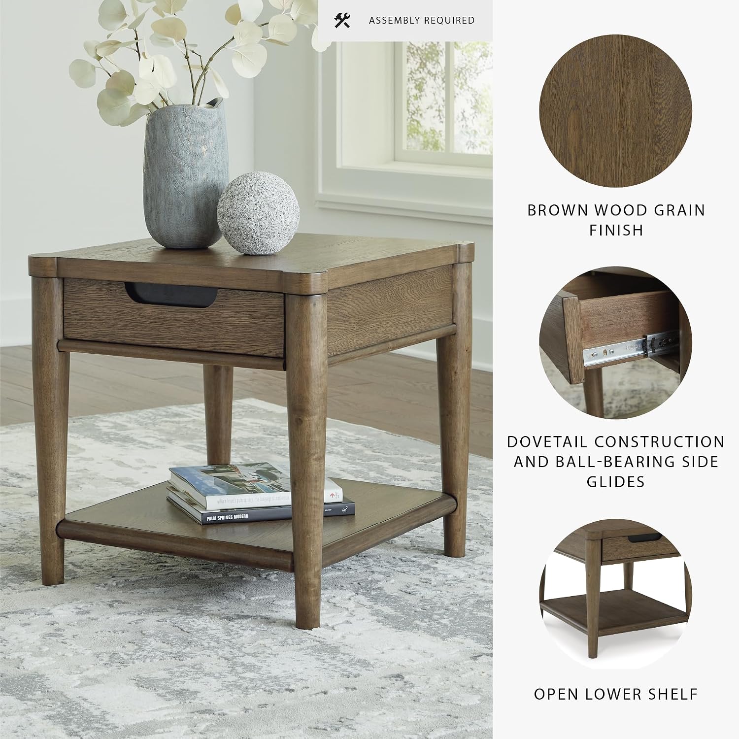 Signature Design by Ashley Roanhowe Contemporary 1-Drawer End Table with Open Lower Shelf, Light Brown