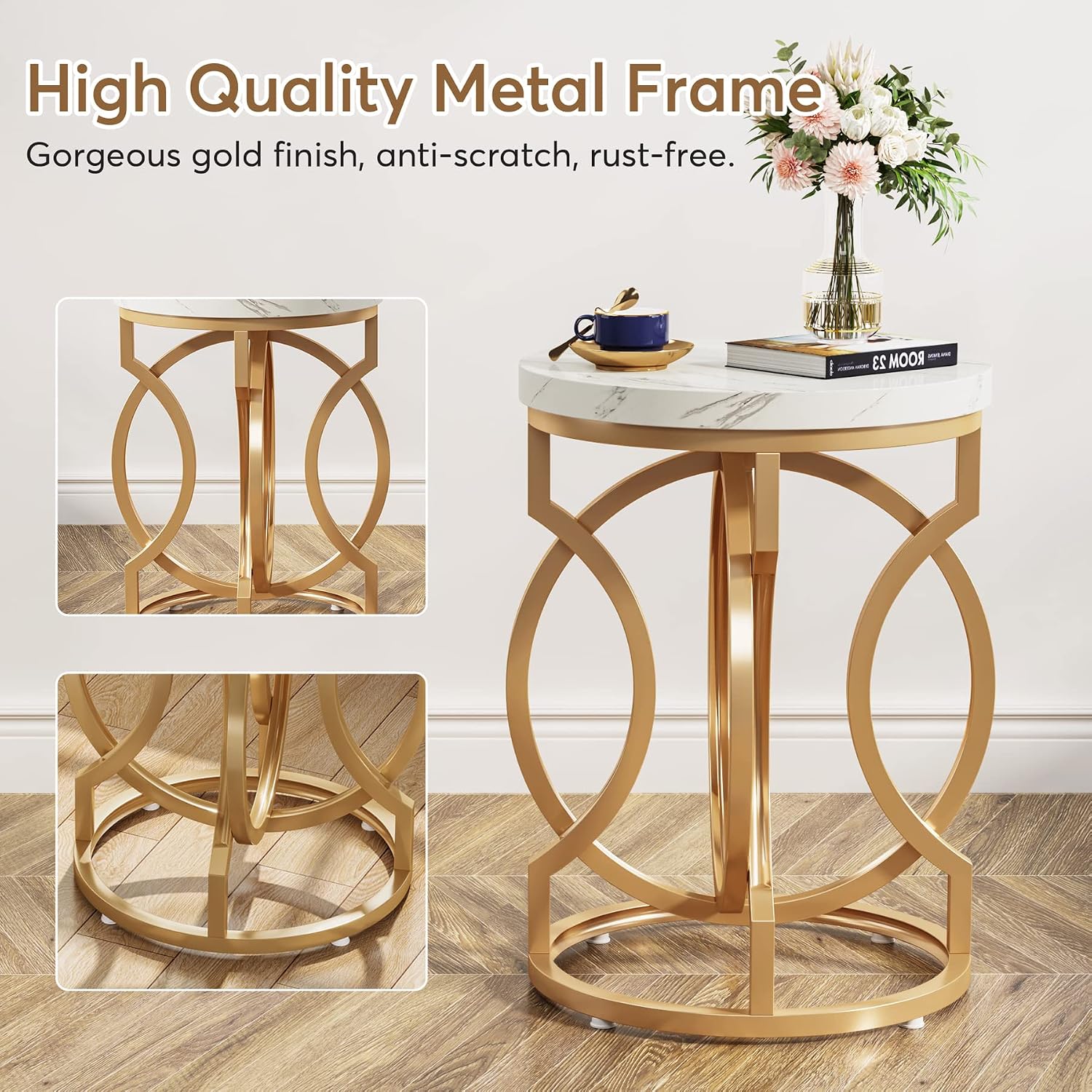 Tribesigns Modern Round End Table Set of 2, Multifunctional Accent Table Small Side Table for Living Room, White Gold with Faux Marble Top, 19.7'W x 19.7'D x 25.6'H