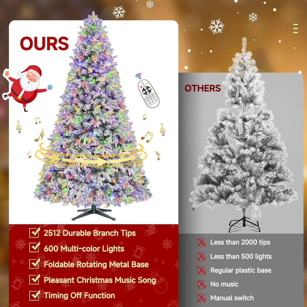ASOMST Pre-lit Artificial Christmas Tree with Music Sync, Rotating & Foldable Stand, 9ft Snow Flocked Xmas Trees with Remote for Home Décor, 2512 Branch Tips, 600 RGB & Warm White Light