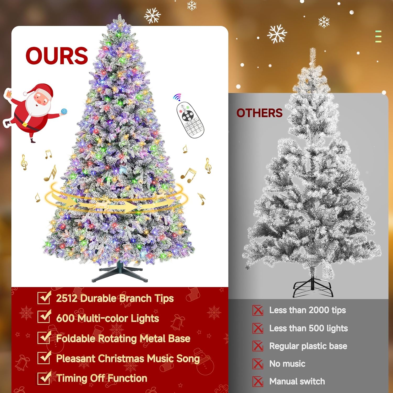 ASOMST Pre-lit Artificial Christmas Tree with Music Sync, Rotating & Foldable Stand, 9ft Snow Flocked Xmas Trees with Remote for Home Décor, 2512 Branch Tips, 600 RGB & Warm White Light