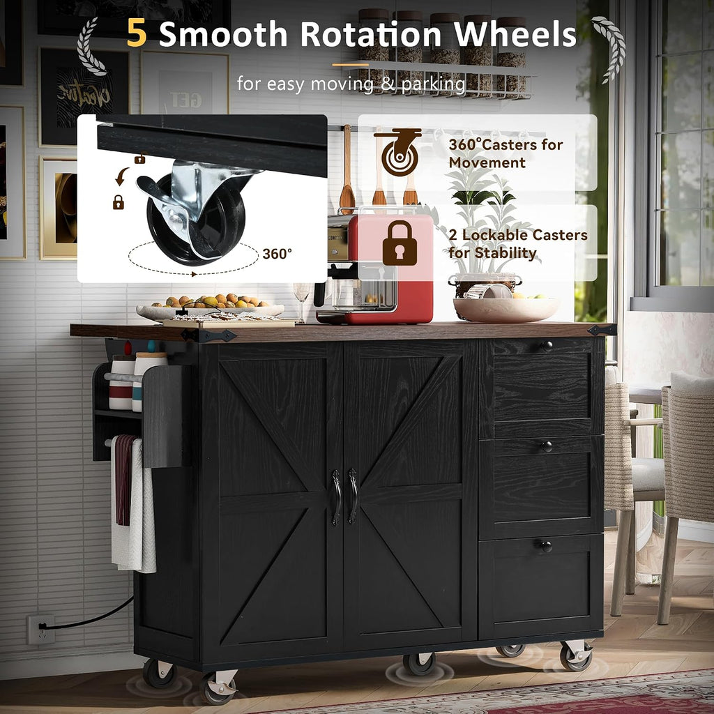 54.5' Farmhouse Mobile Kitchen Island with Power Outlet, Drop Leaf, Spice Rack and Drawer - Rolling Kitchen Cart with Ample Storage, Rustic Storage Islands for Home and Dining Room